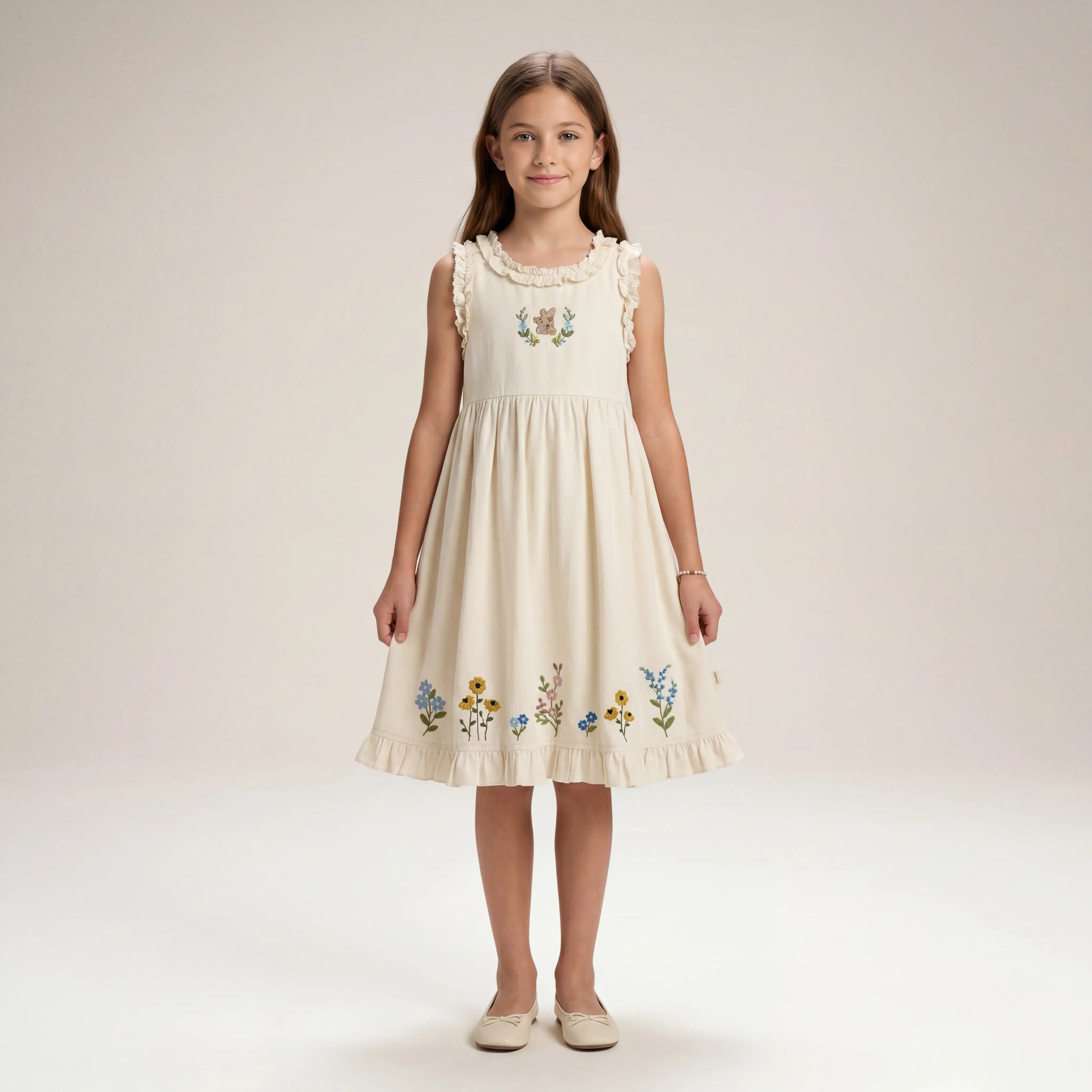 Girls Cream Floral Embroidered Sleeveless Dress Sol Vera