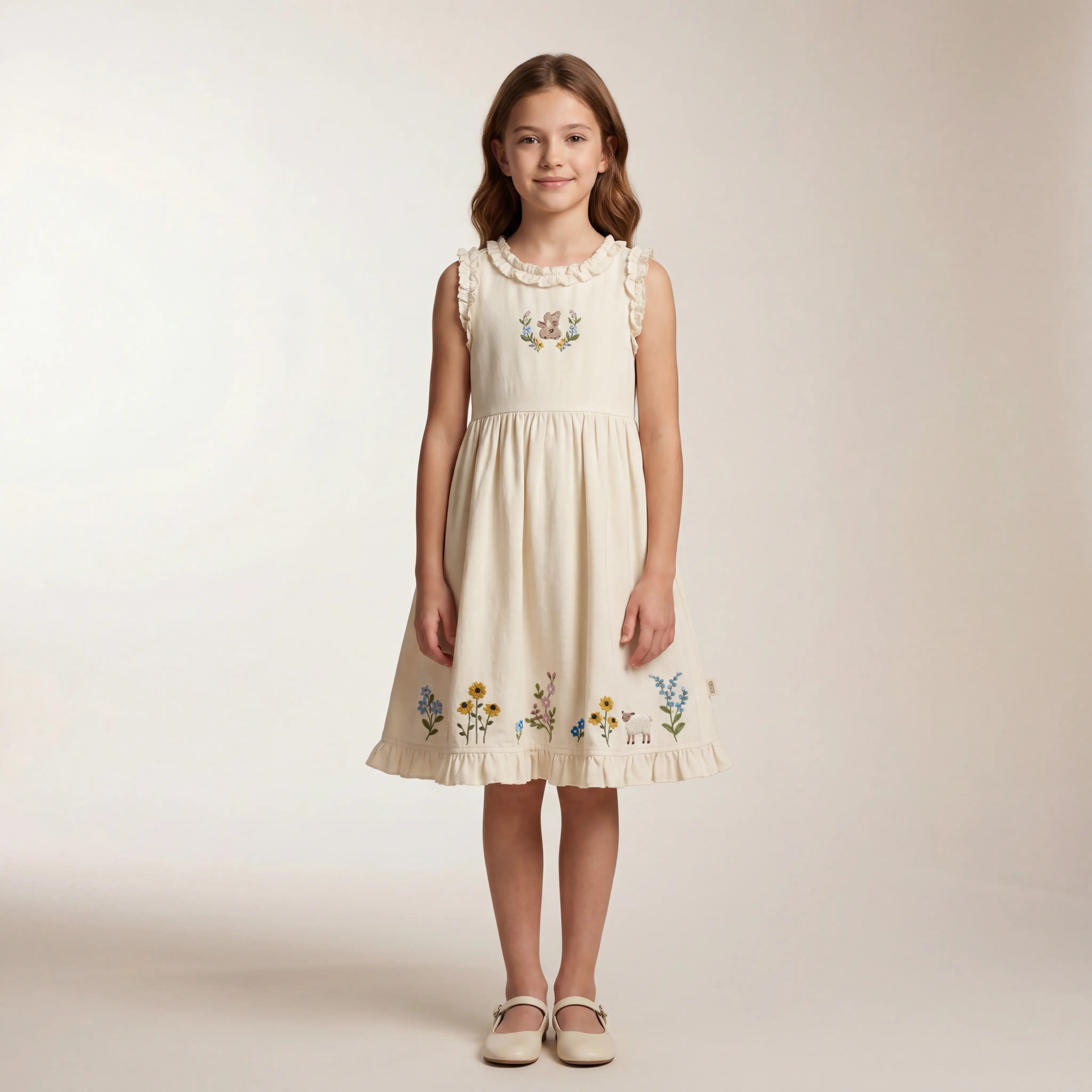 Girls Cream Floral Embroidered Sleeveless Dress Sol Vera