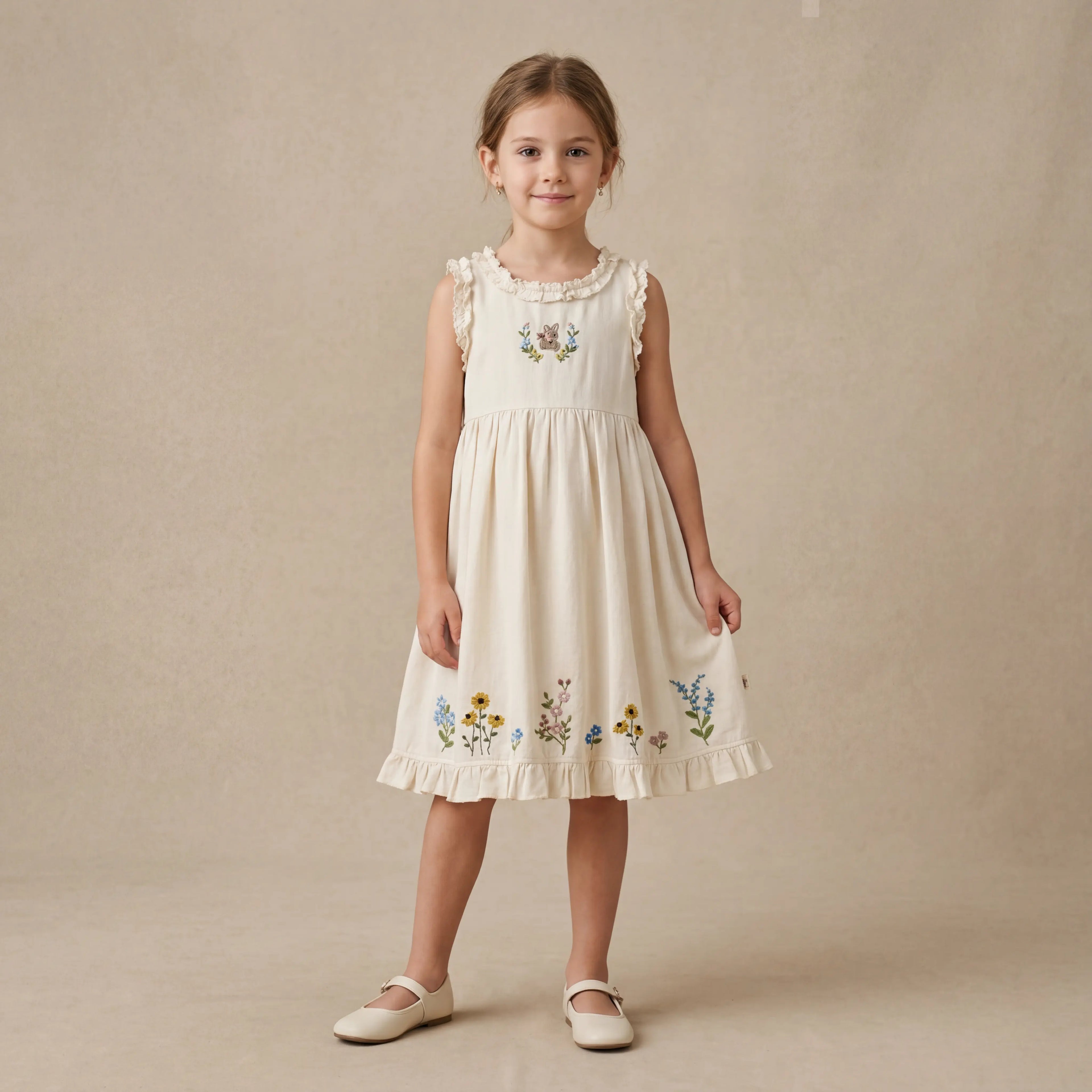 Girls Cream Floral Embroidered Sleeveless Dress Sol Vera