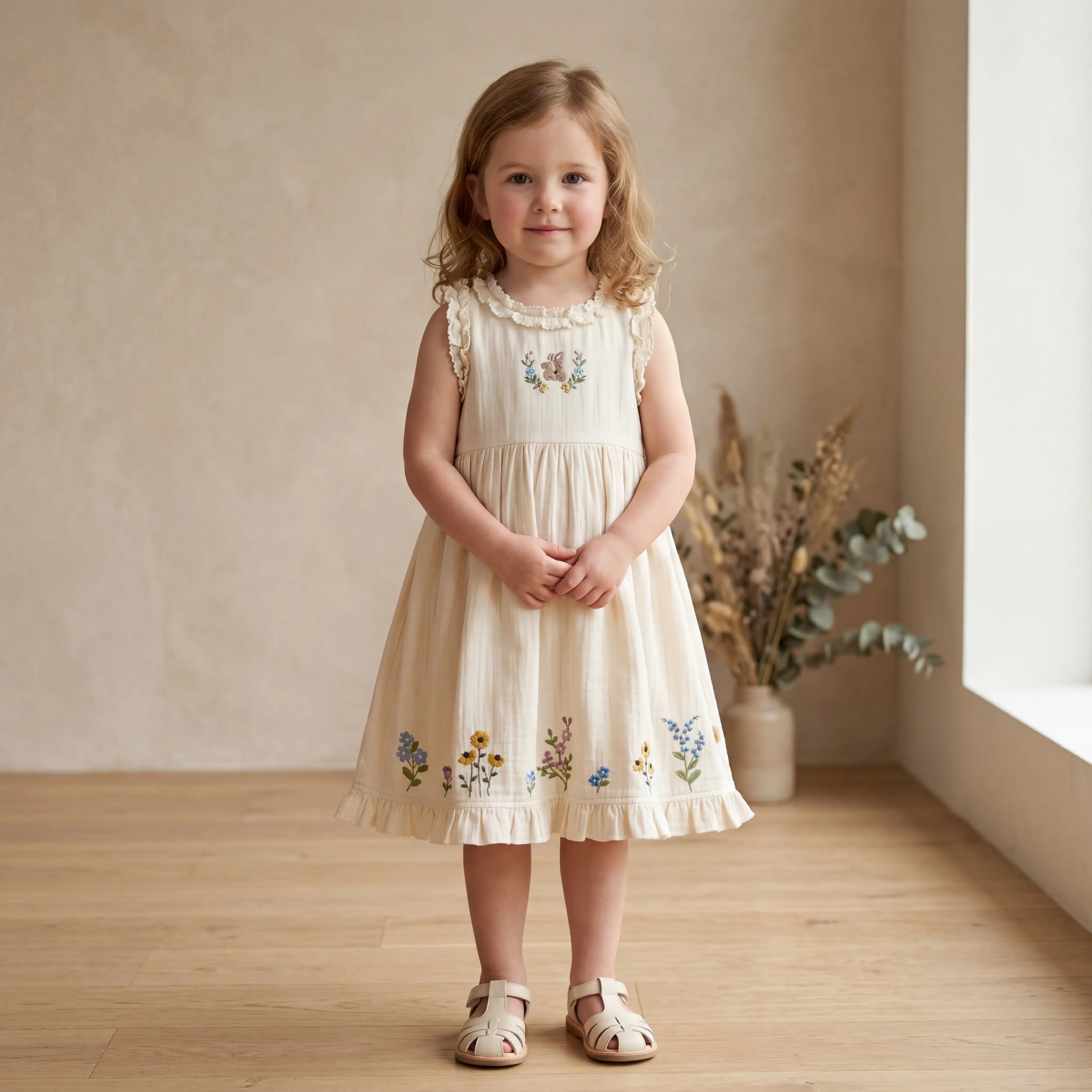 Girls Cream Floral Embroidered Sleeveless Dress Sol Vera