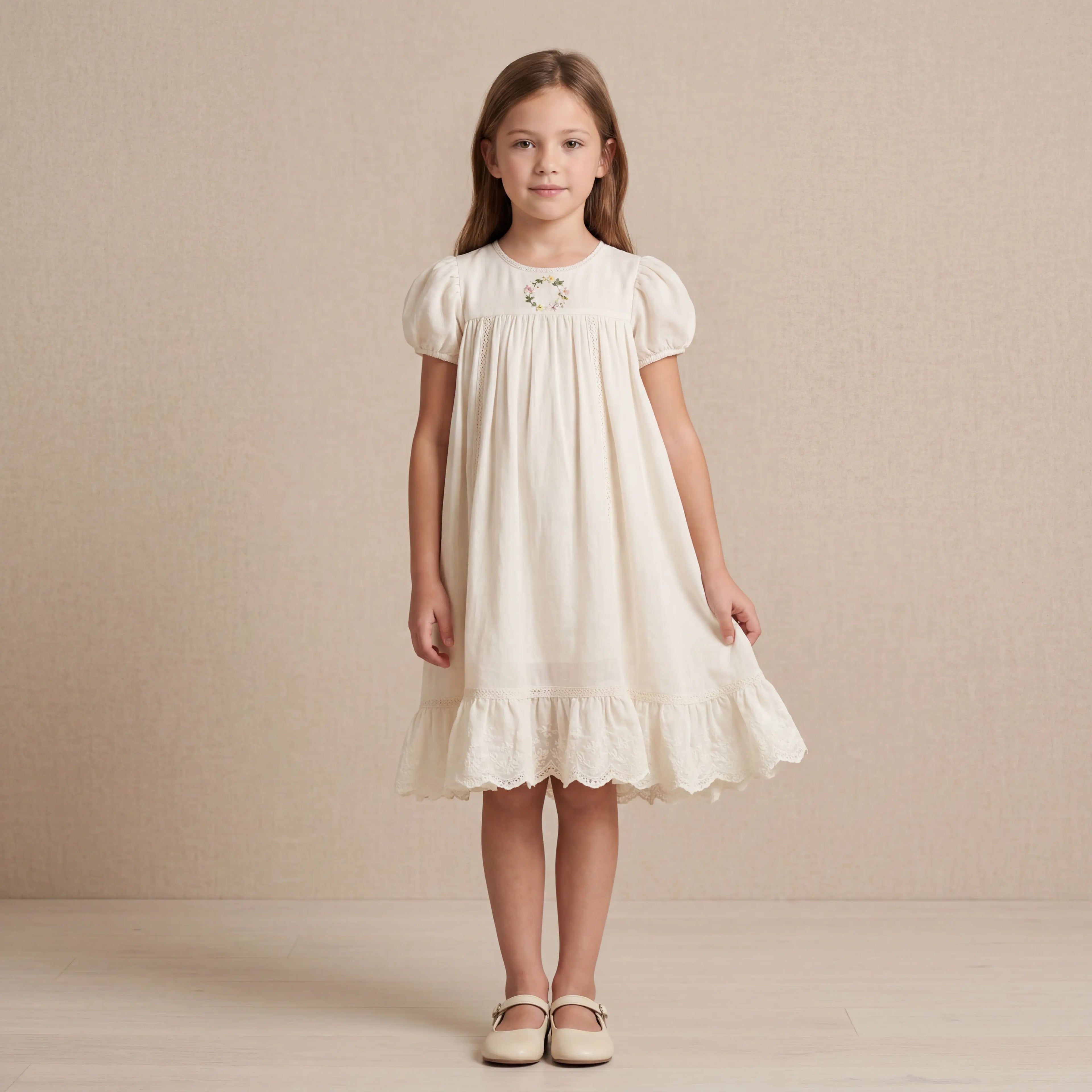 Girls Cream Smocked Dress with Ruffle Hem Sol Vera