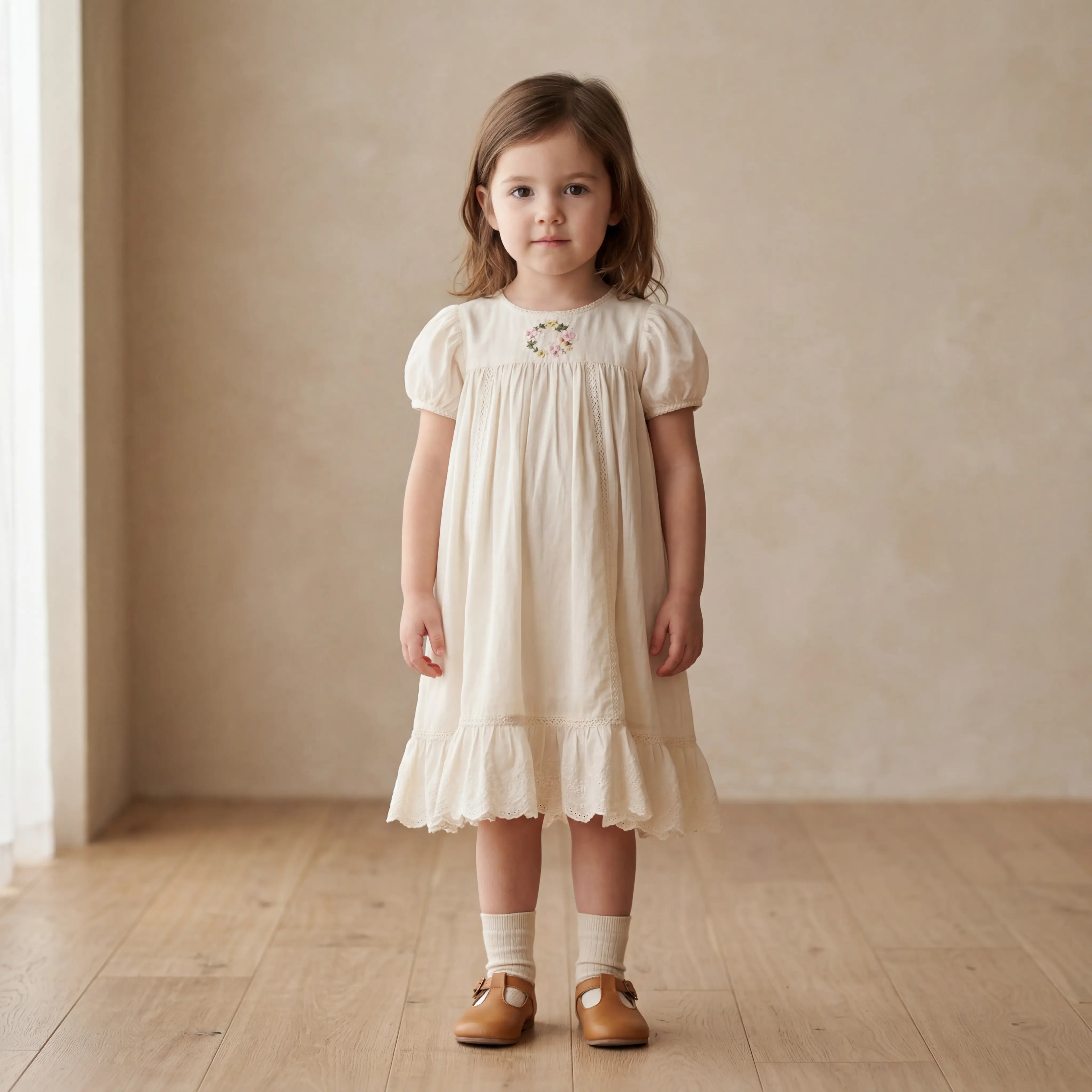 Girls Cream Smocked Dress with Ruffle Hem Sol Vera