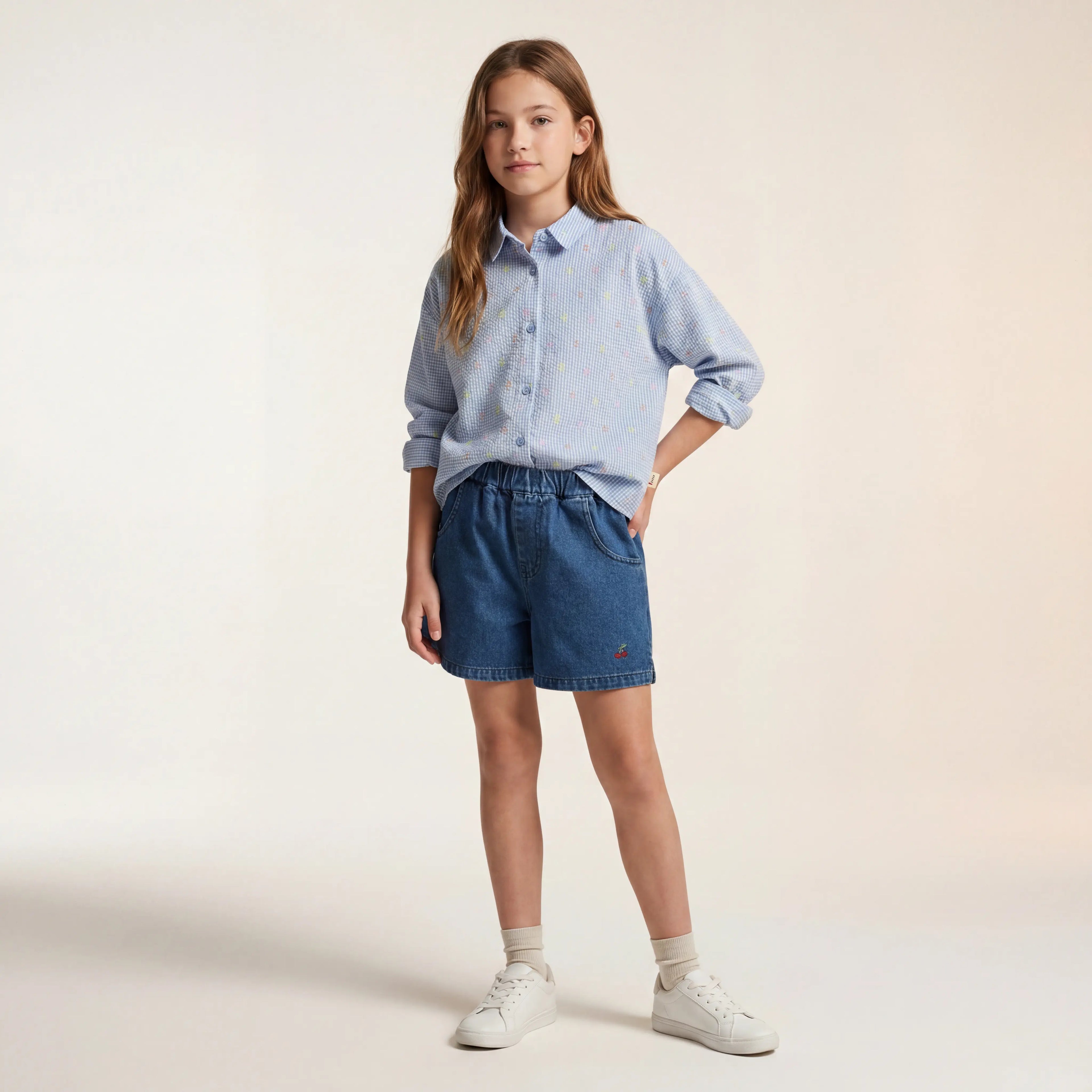 Girls Blue Shirt & Denim Shorts Set Sol Vera