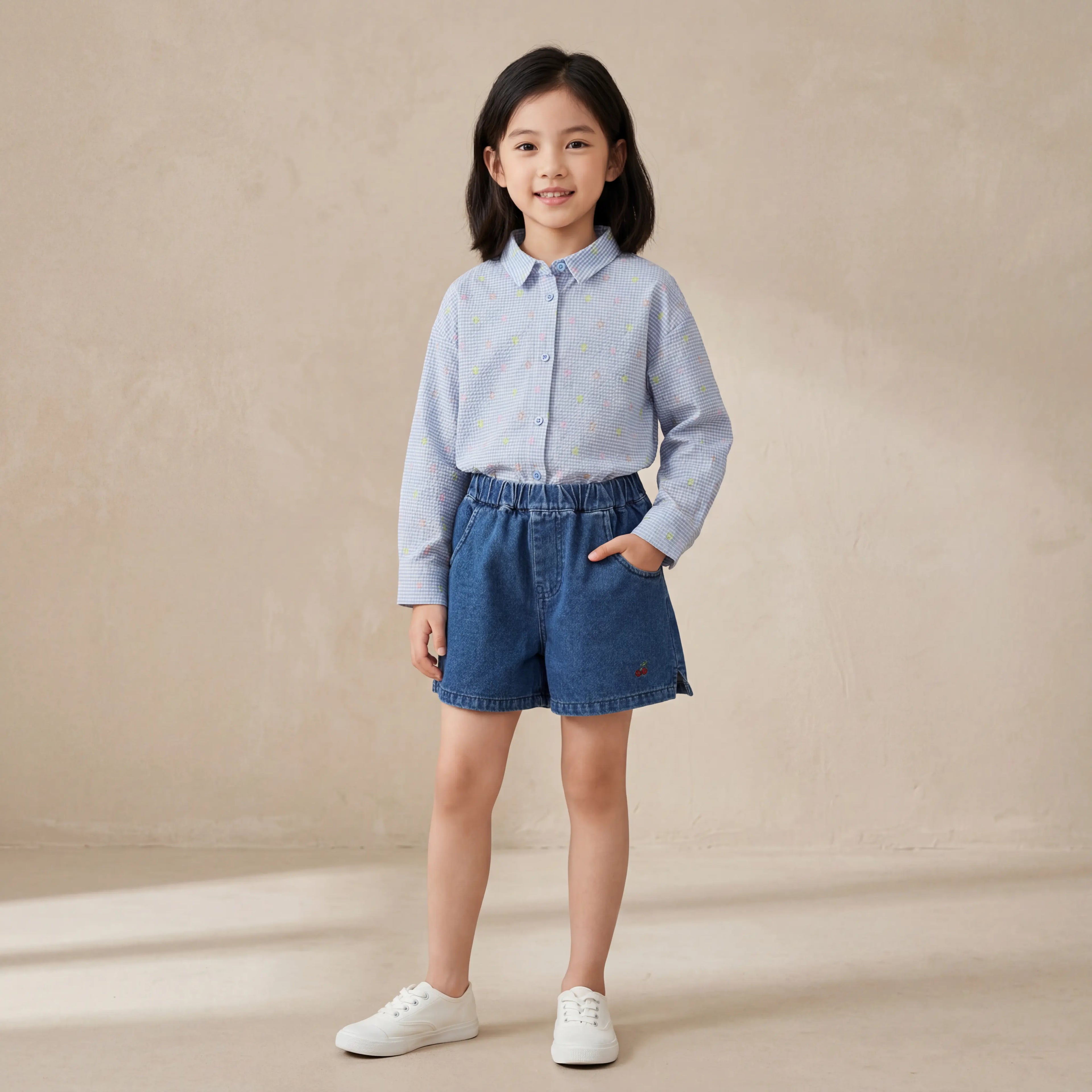 Girls Blue Shirt & Denim Shorts Set Sol Vera