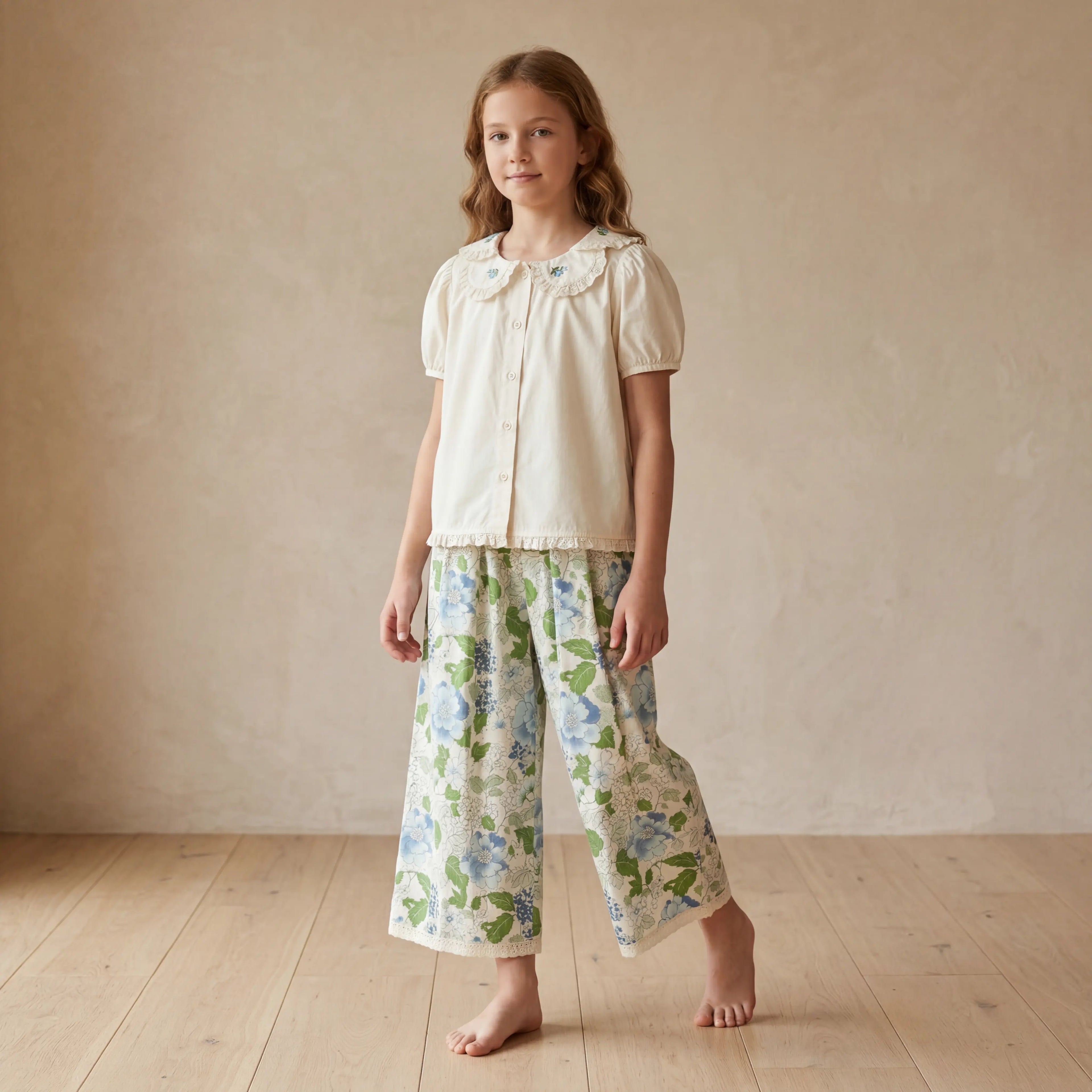Girls Cream Embroidered Blouse & Blue Floral Pants Set Sol Vera