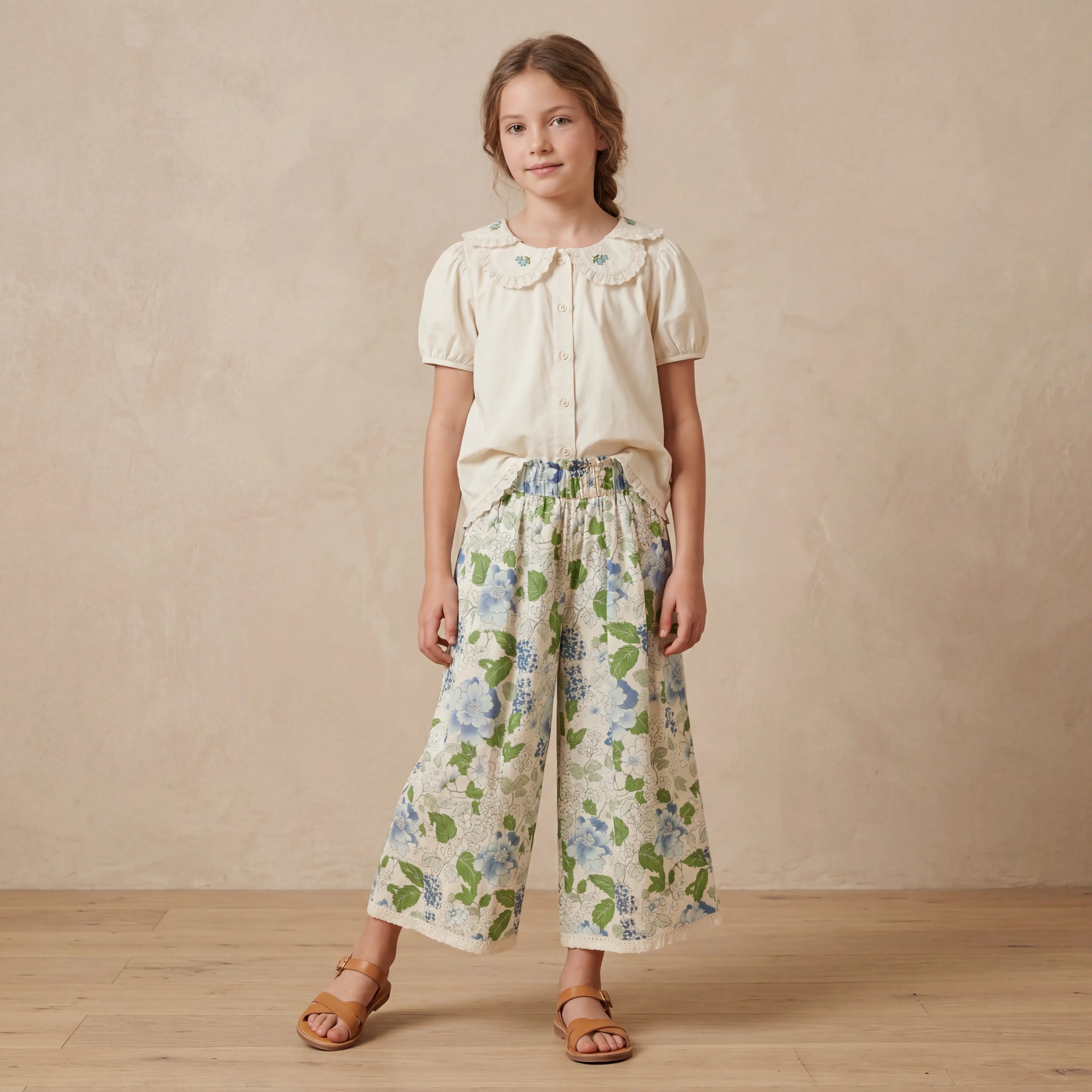 Girls Cream Embroidered Blouse & Blue Floral Pants Set Sol Vera