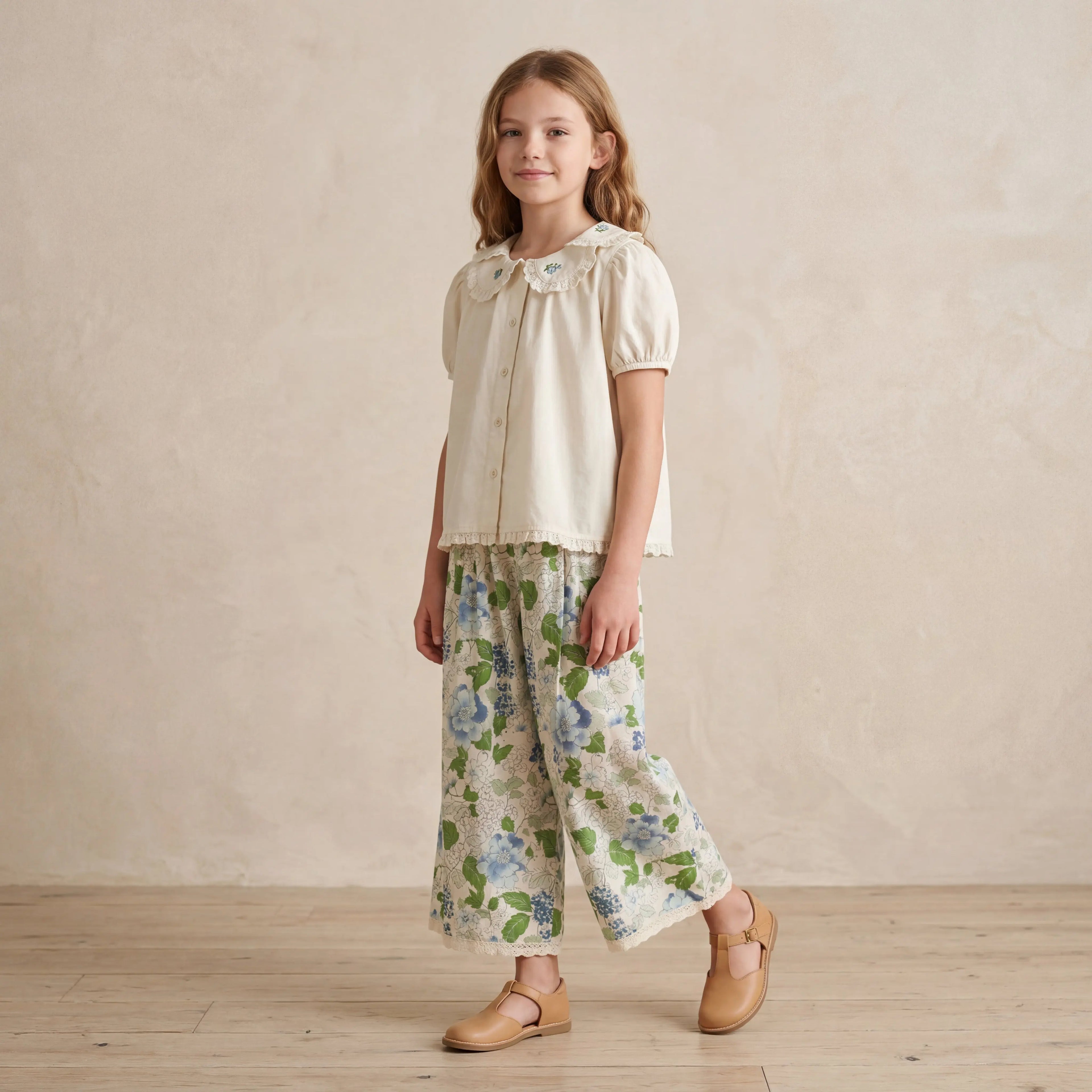 Girls Cream Embroidered Blouse & Blue Floral Pants Set Sol Vera