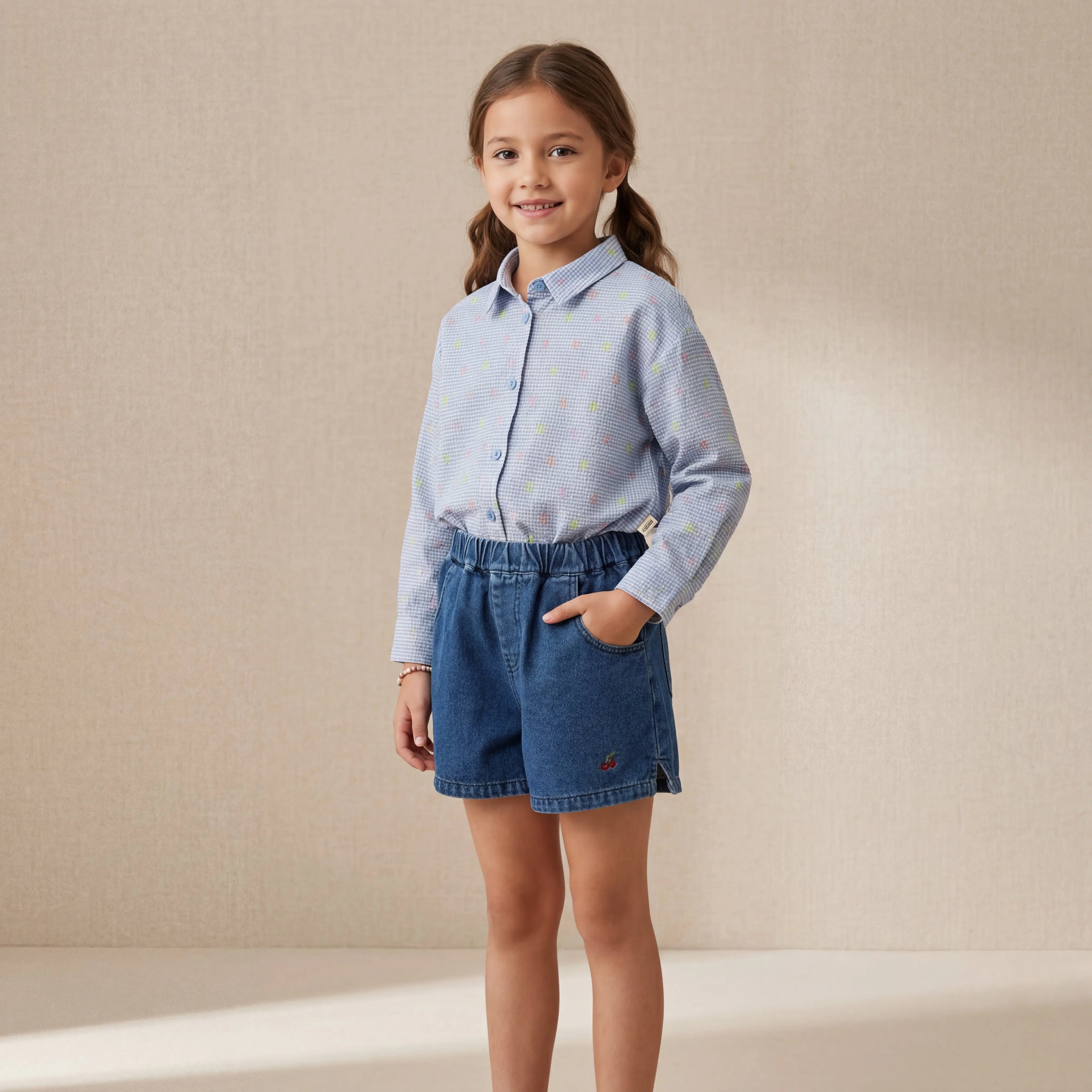 Girls Blue Shirt & Denim Shorts Set Sol Vera