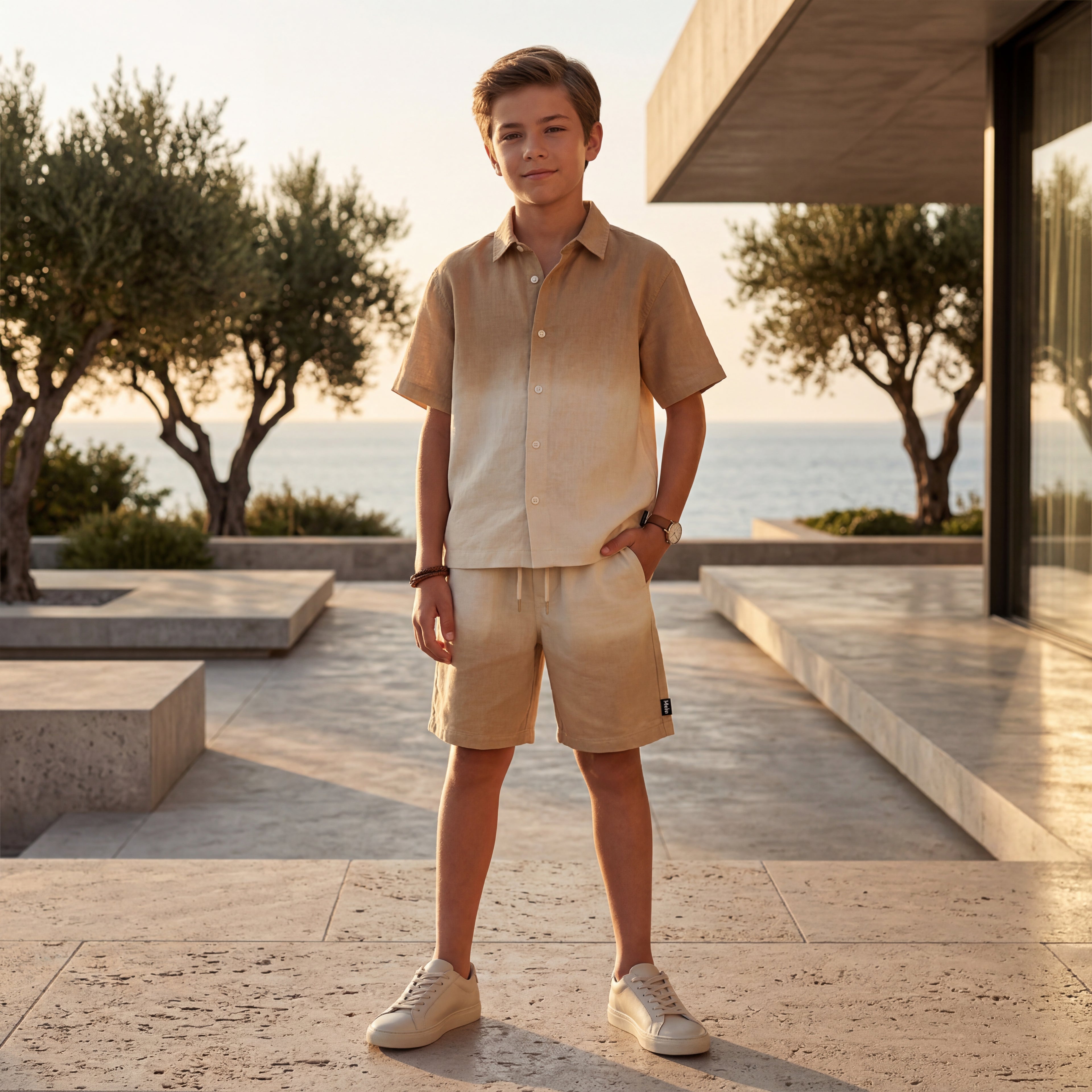 Boys Desert Sand Linen Blend Shirt & Shorts Set