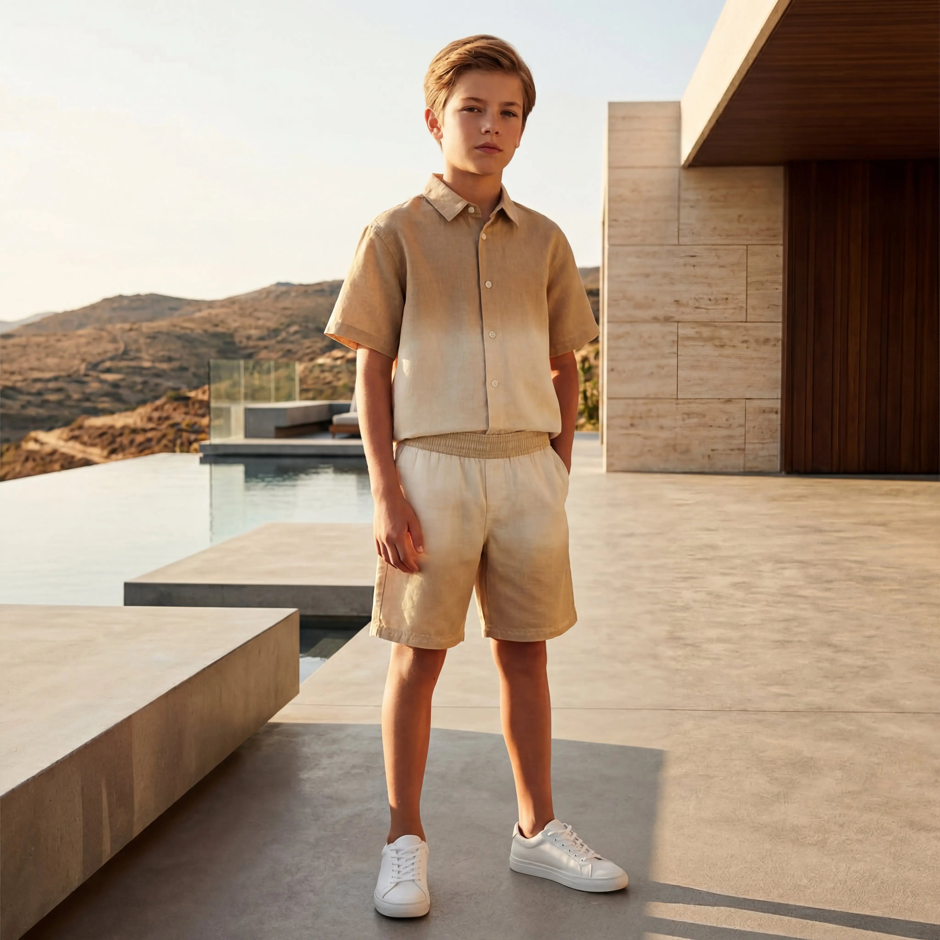 Boys Desert Sand Linen Blend Shirt & Shorts Set Molo