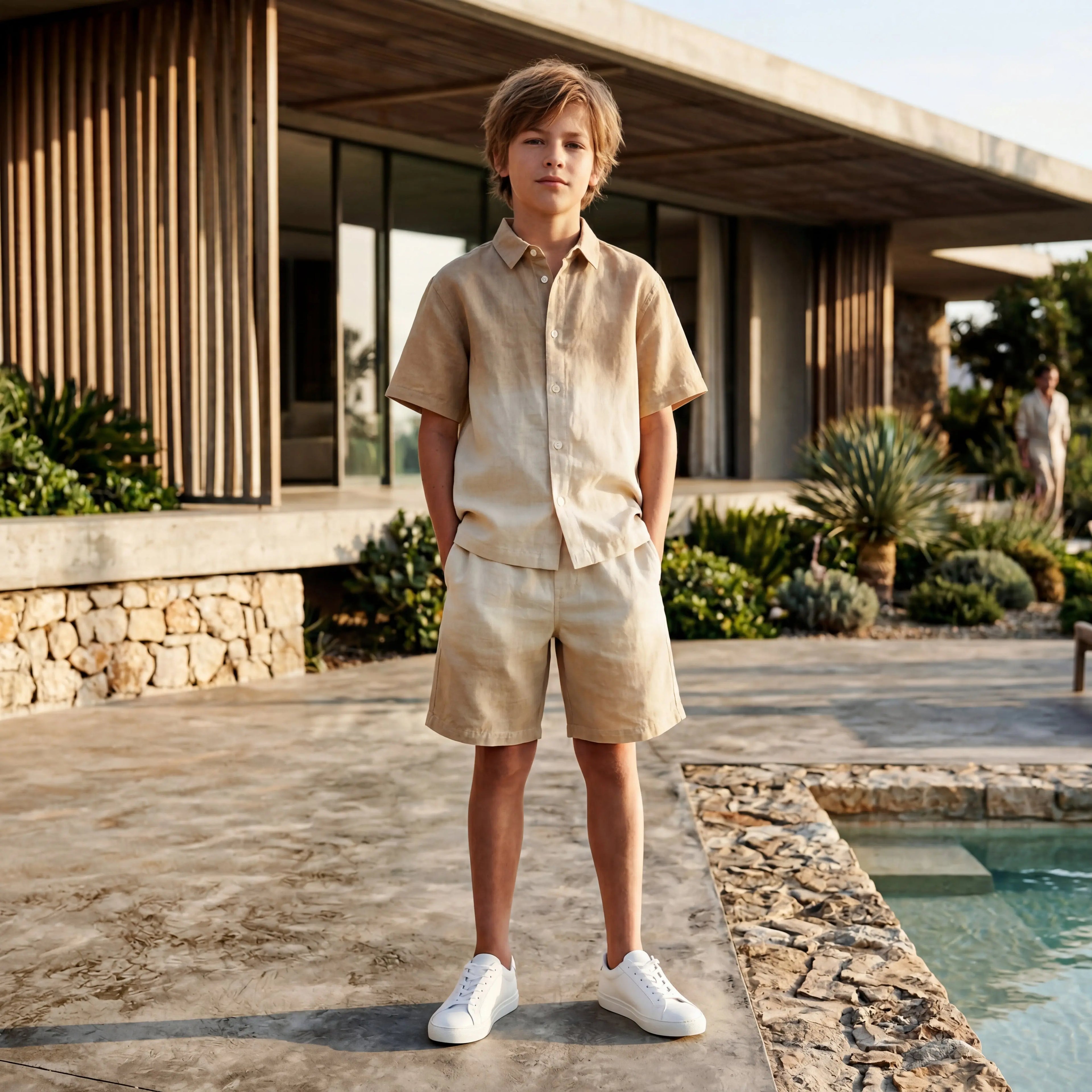 Boys Desert Sand Linen Blend Shirt & Shorts Set Molo