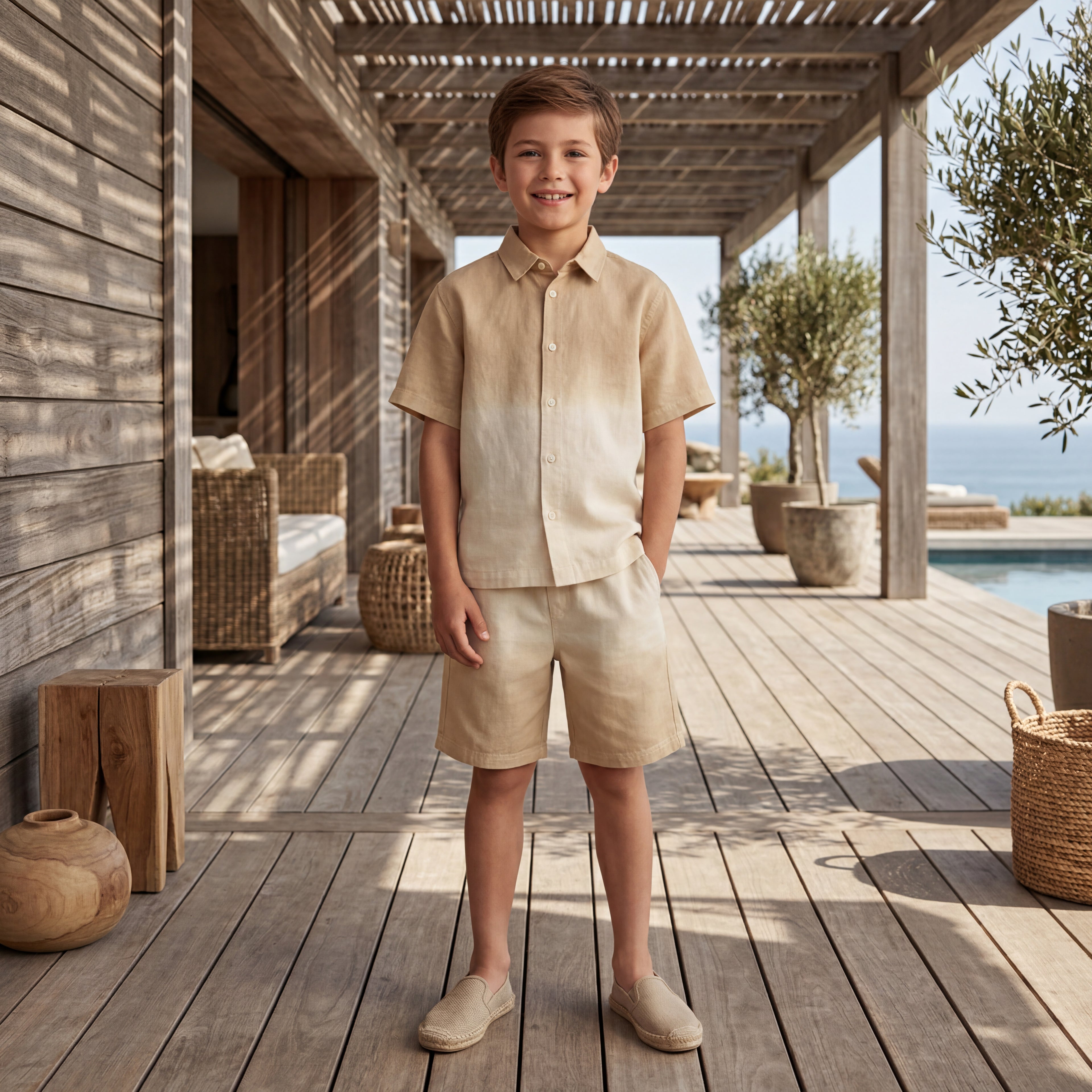 Boys Desert Sand Linen Blend Shirt & Shorts Set