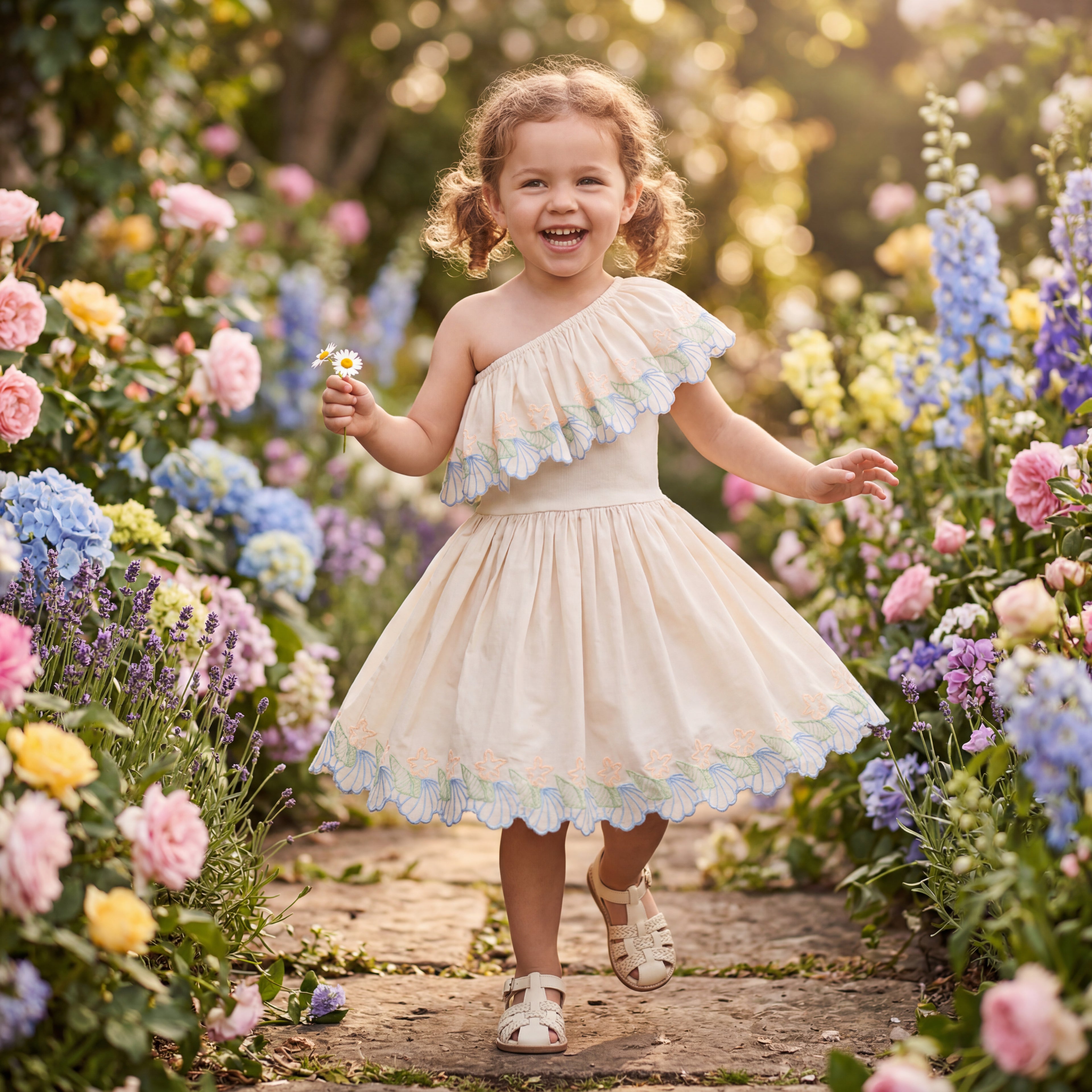Girls Pearled Ivory One-Shoulder Dress