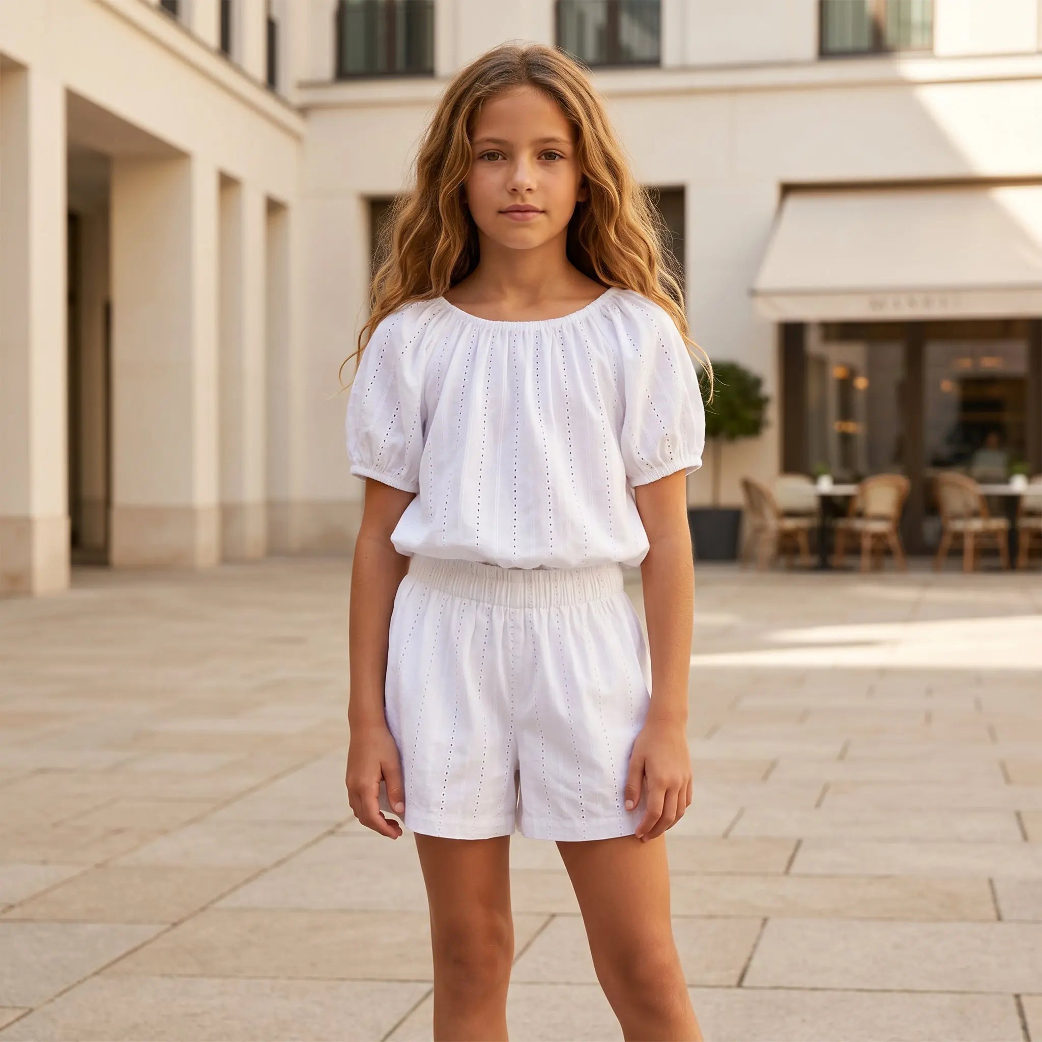 Girls White Rhinestone Poplin Top & Bermuda Shorts Set YELL OH!