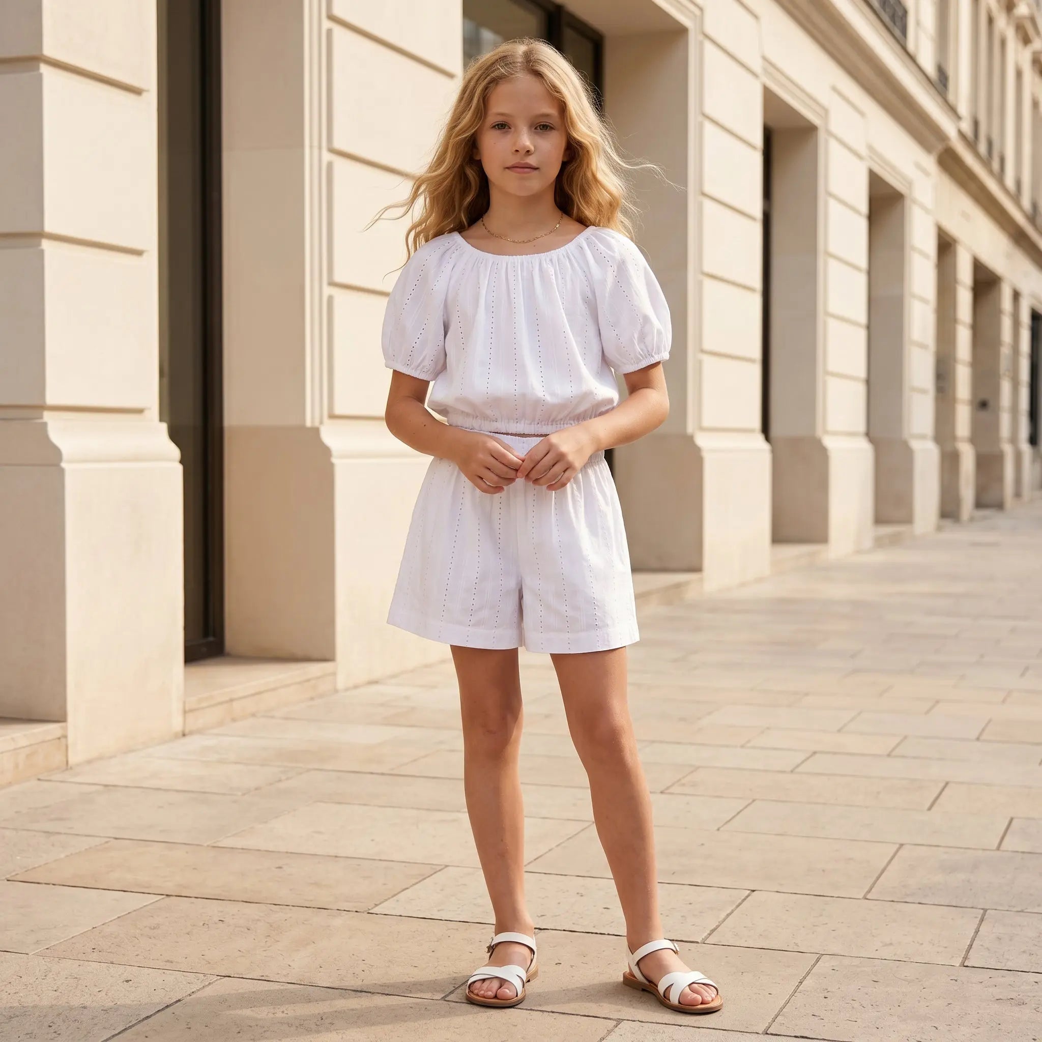 Girls White Rhinestone Poplin Top & Bermuda Shorts Set YELL OH!