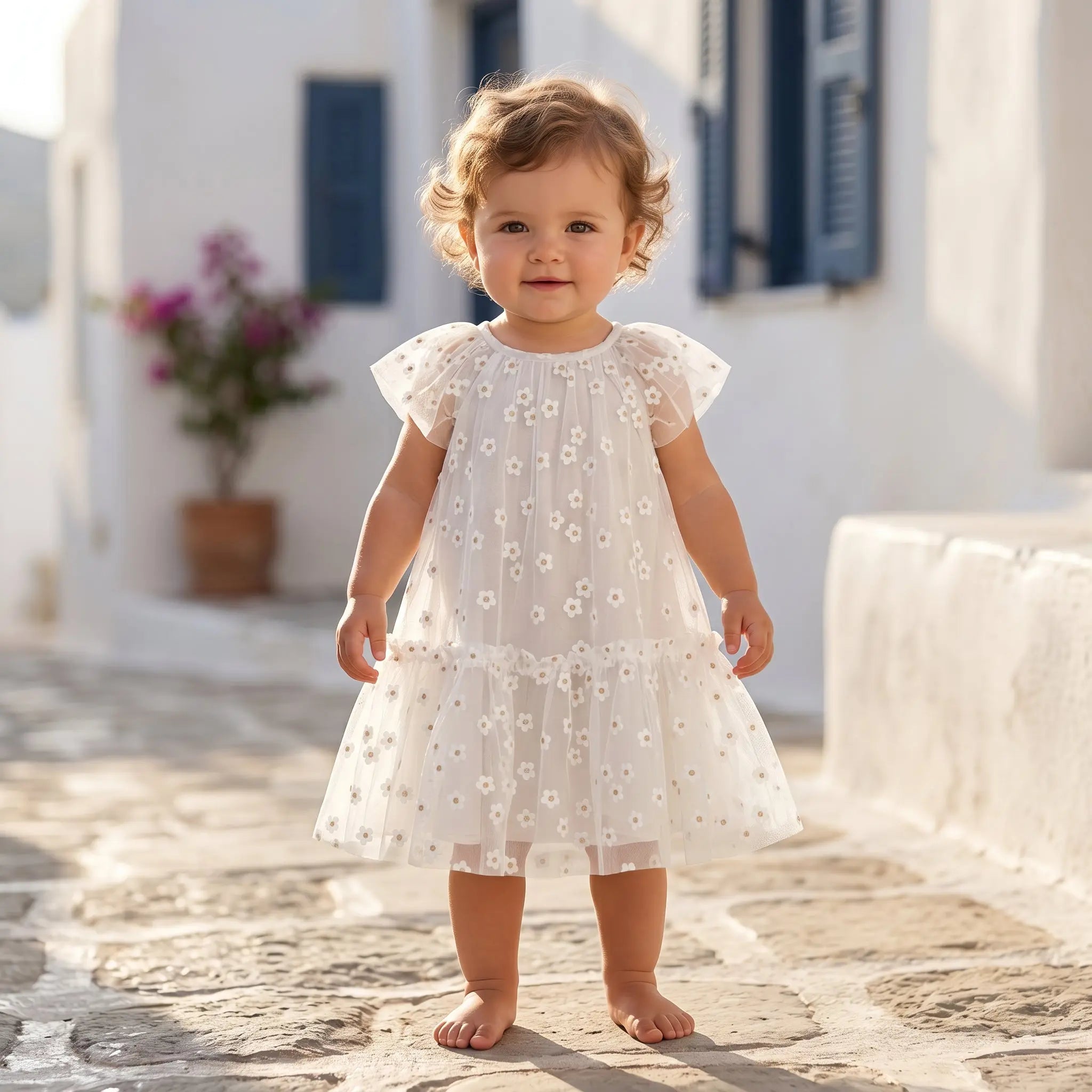 Girls Striped Daisies Cotton Dress with Tulle Details YELL OH!