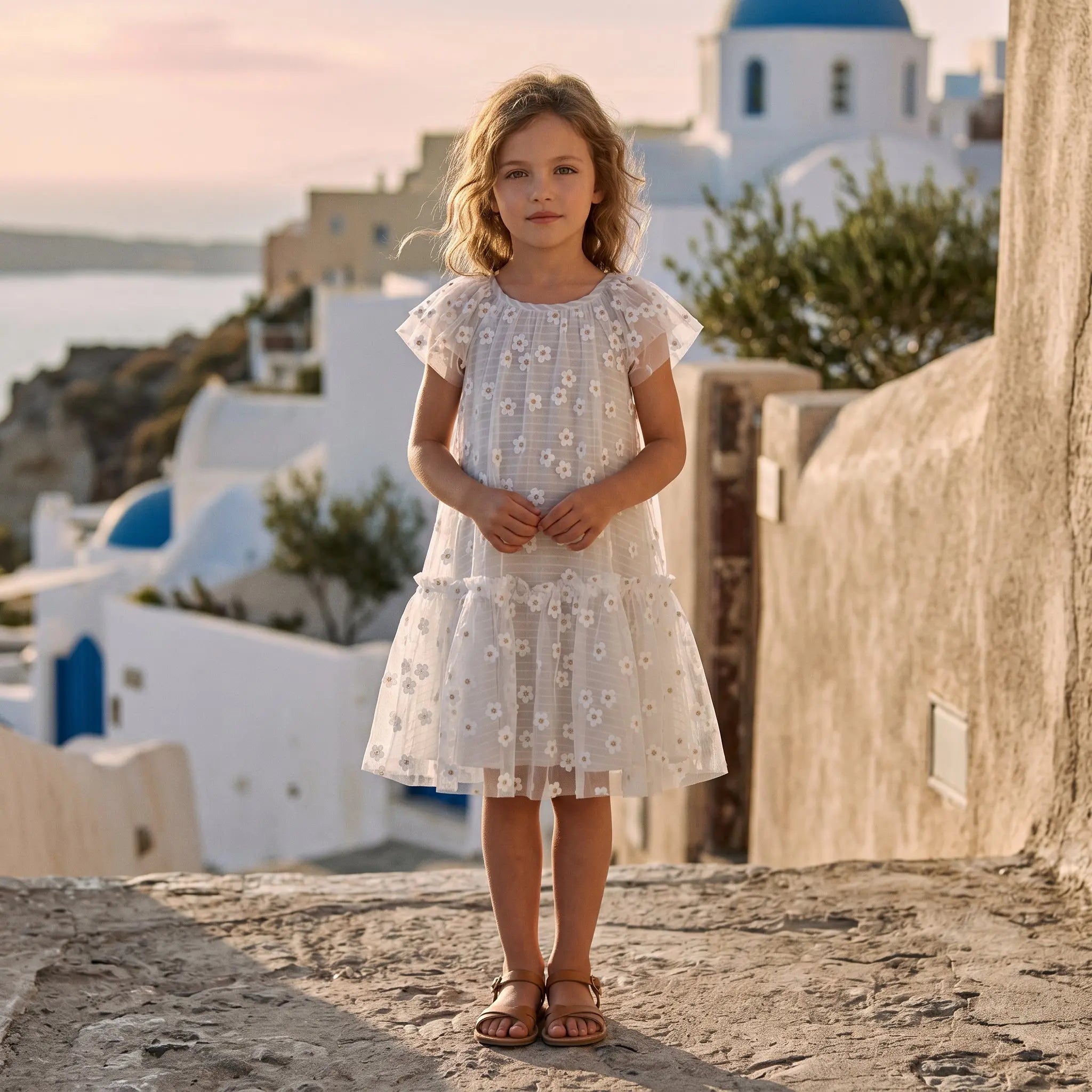Girls Striped Daisies Cotton Dress with Tulle Details YELL OH!