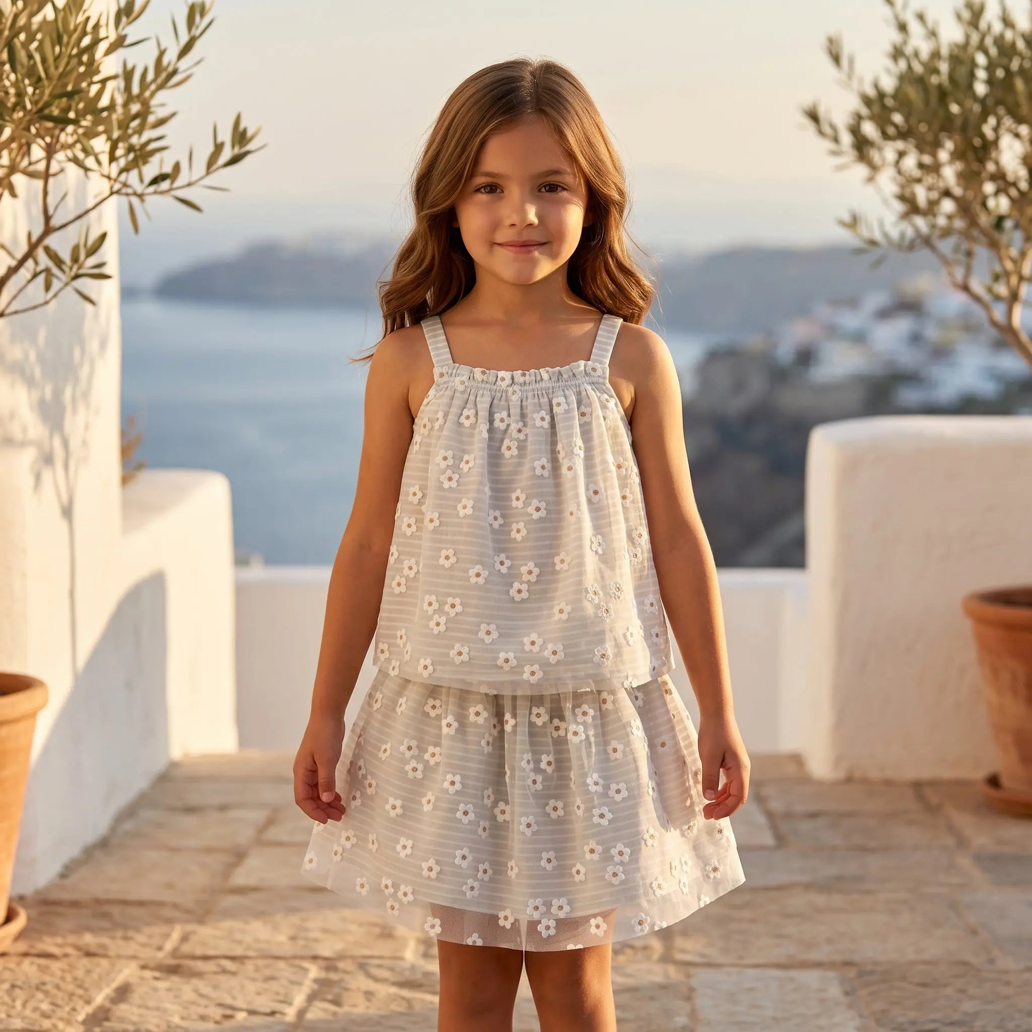 Girls Striped Daisies Cotton Top & Double Layer Skirt Set YELL OH!