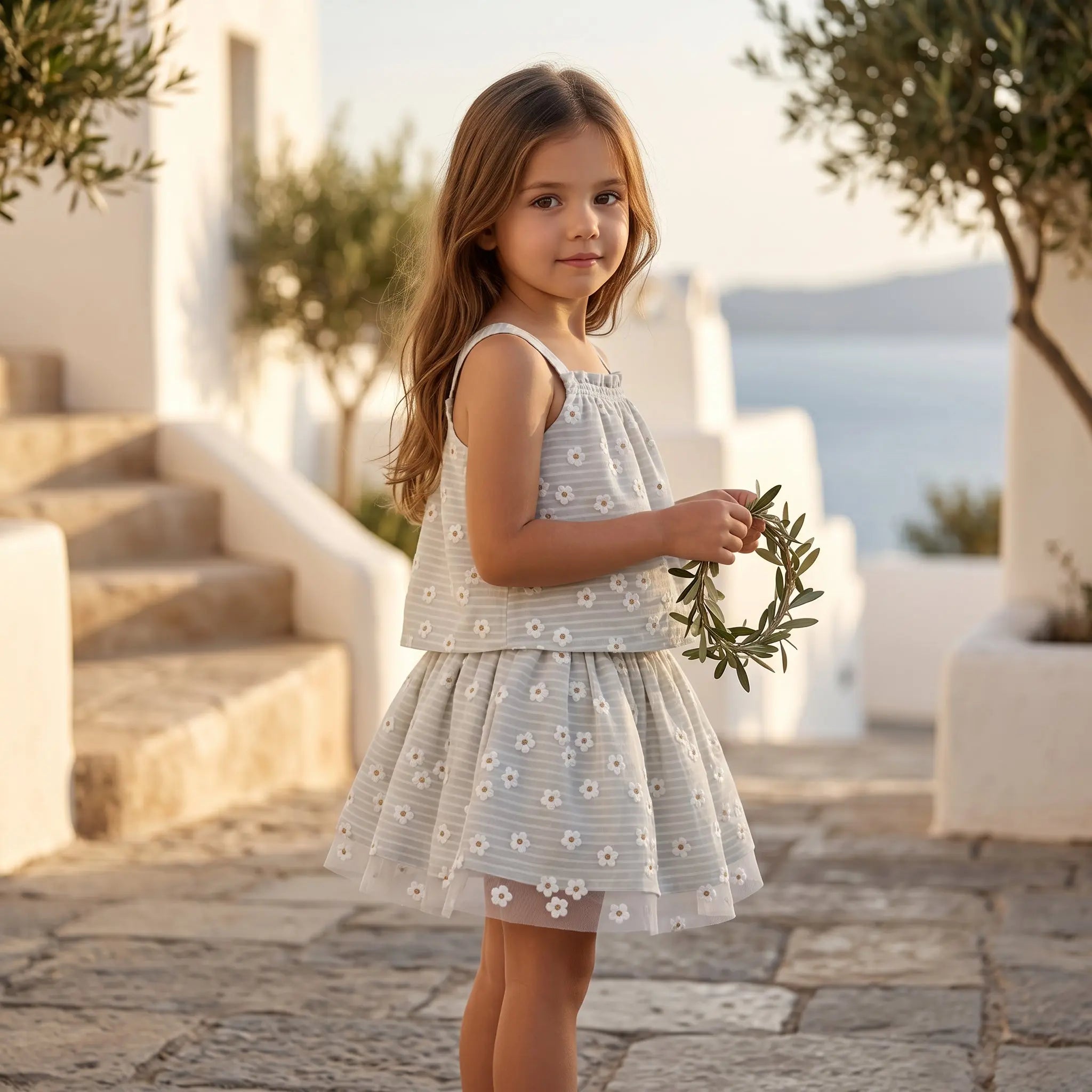 Girls Striped Daisies Cotton Top & Double Layer Skirt Set YELL OH!