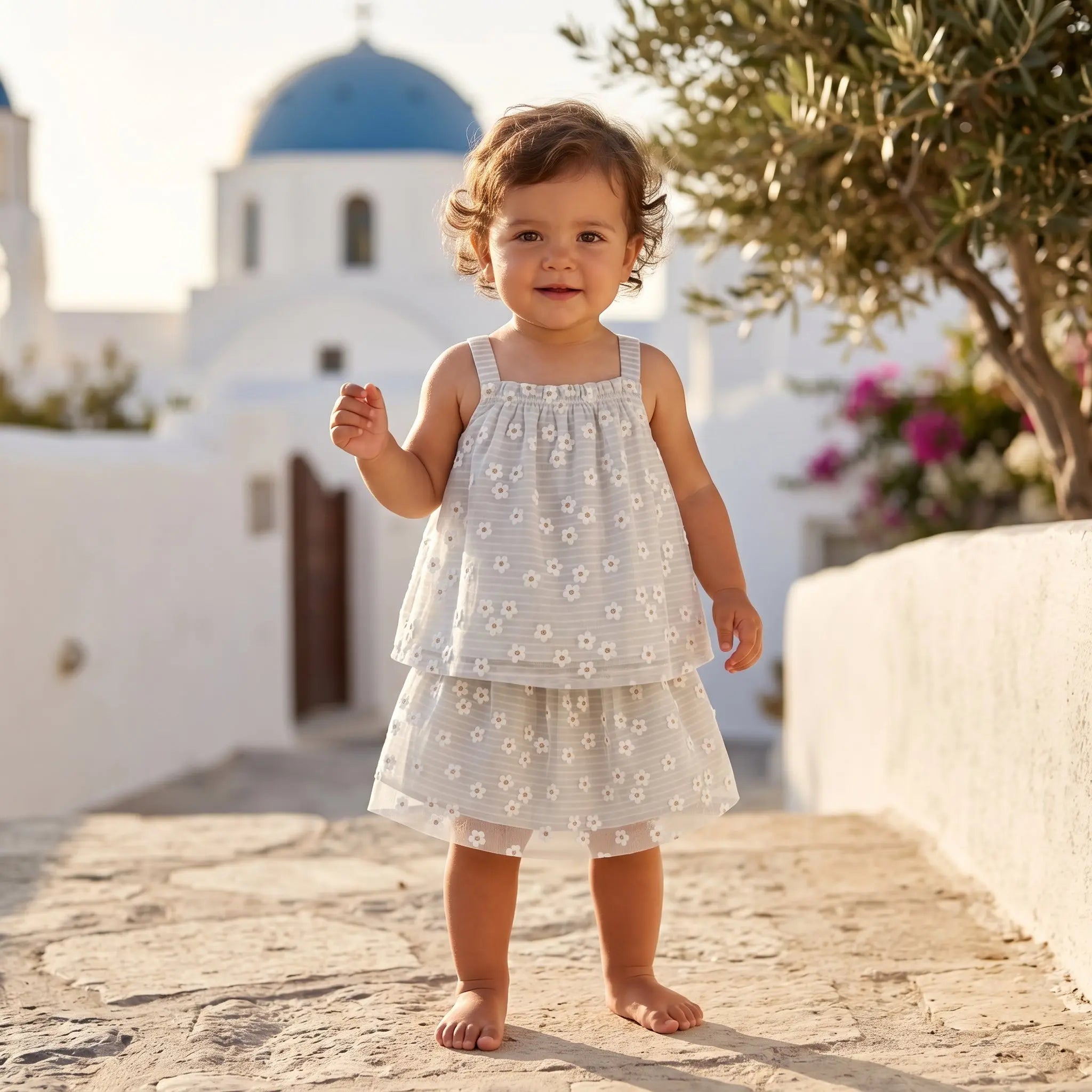 Girls Striped Daisies Cotton Top & Double Layer Skirt Set YELL OH!