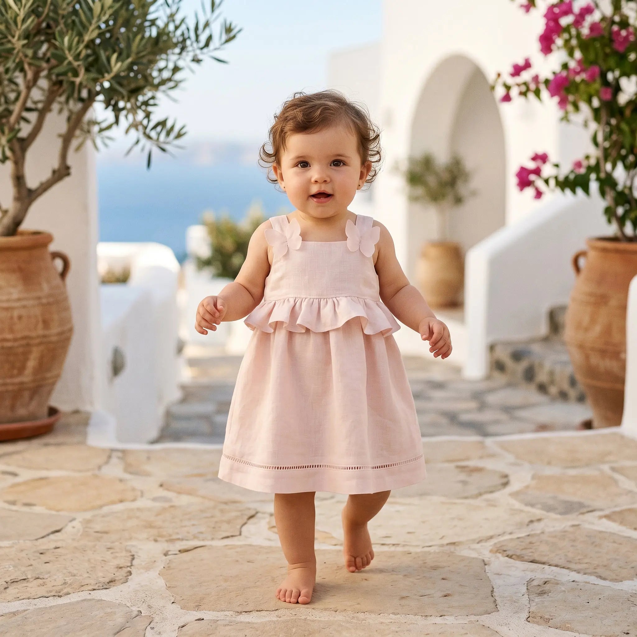 Girls Marshmallow Pink Linen Dress with Daisy Details YELL OH!