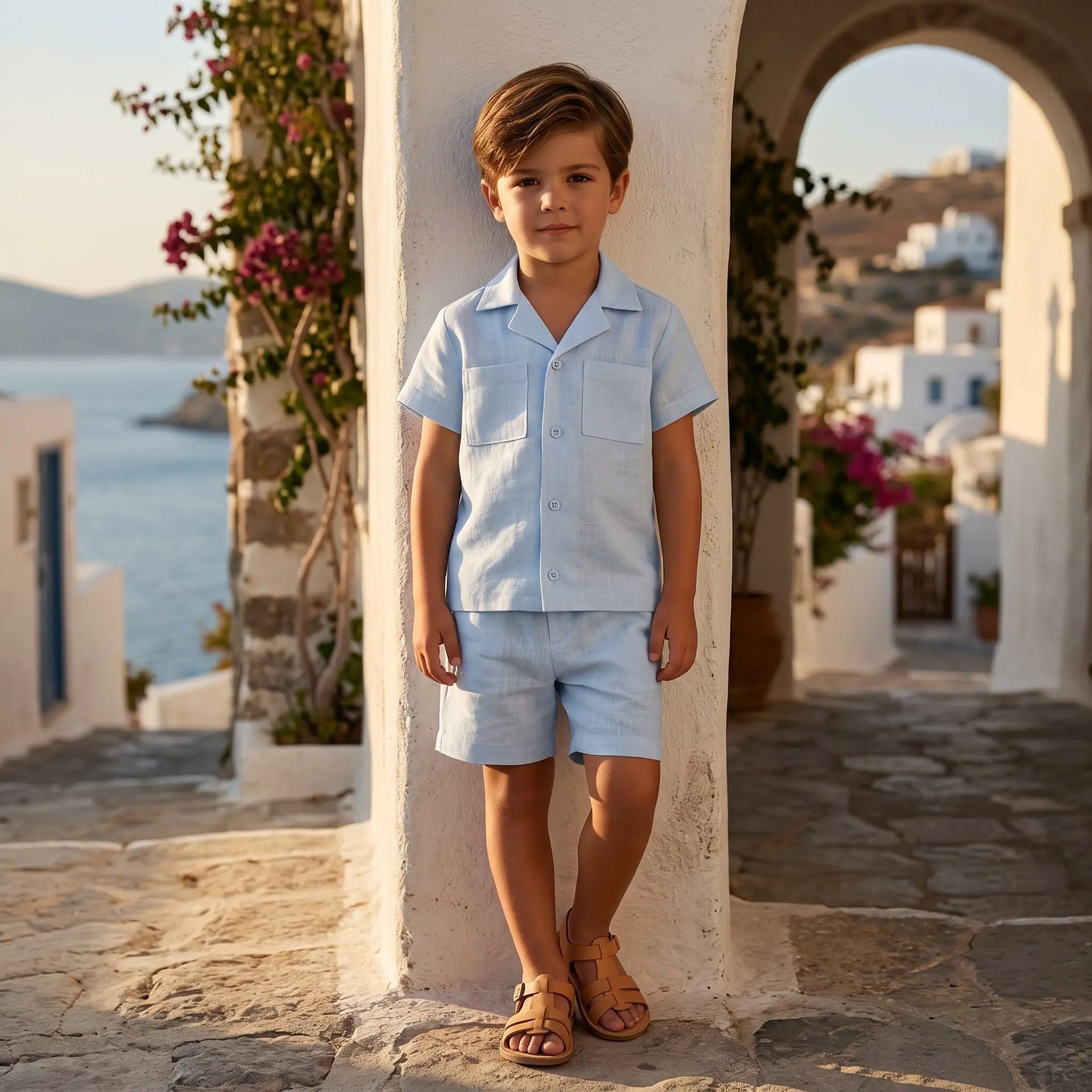 Boys Aether Blue Linen Button-Down Shirt & Bermuda Shorts Set YELL OH!
