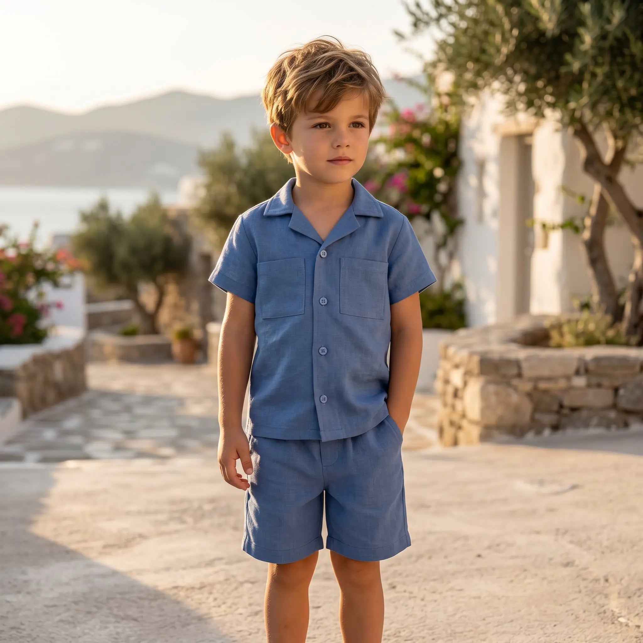 Boys Aegea Blue Linen Button-Down Shirt & Bermuda Shorts Set YELL OH!