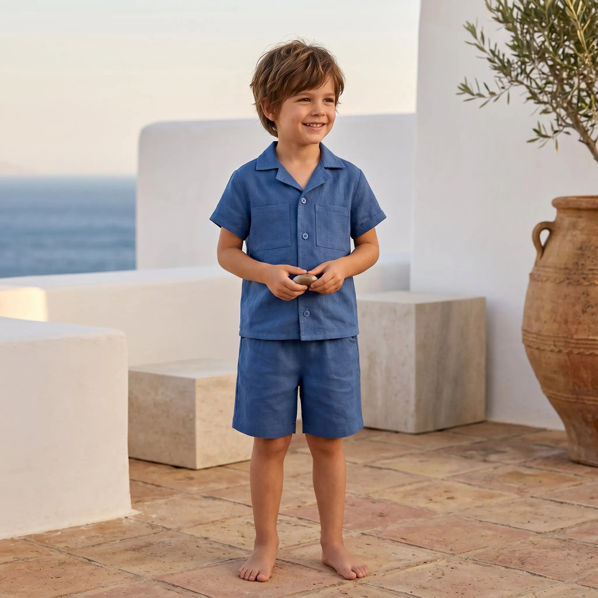 Boys Aegea Blue Linen Button-Down Shirt & Bermuda Shorts Set YELL OH!