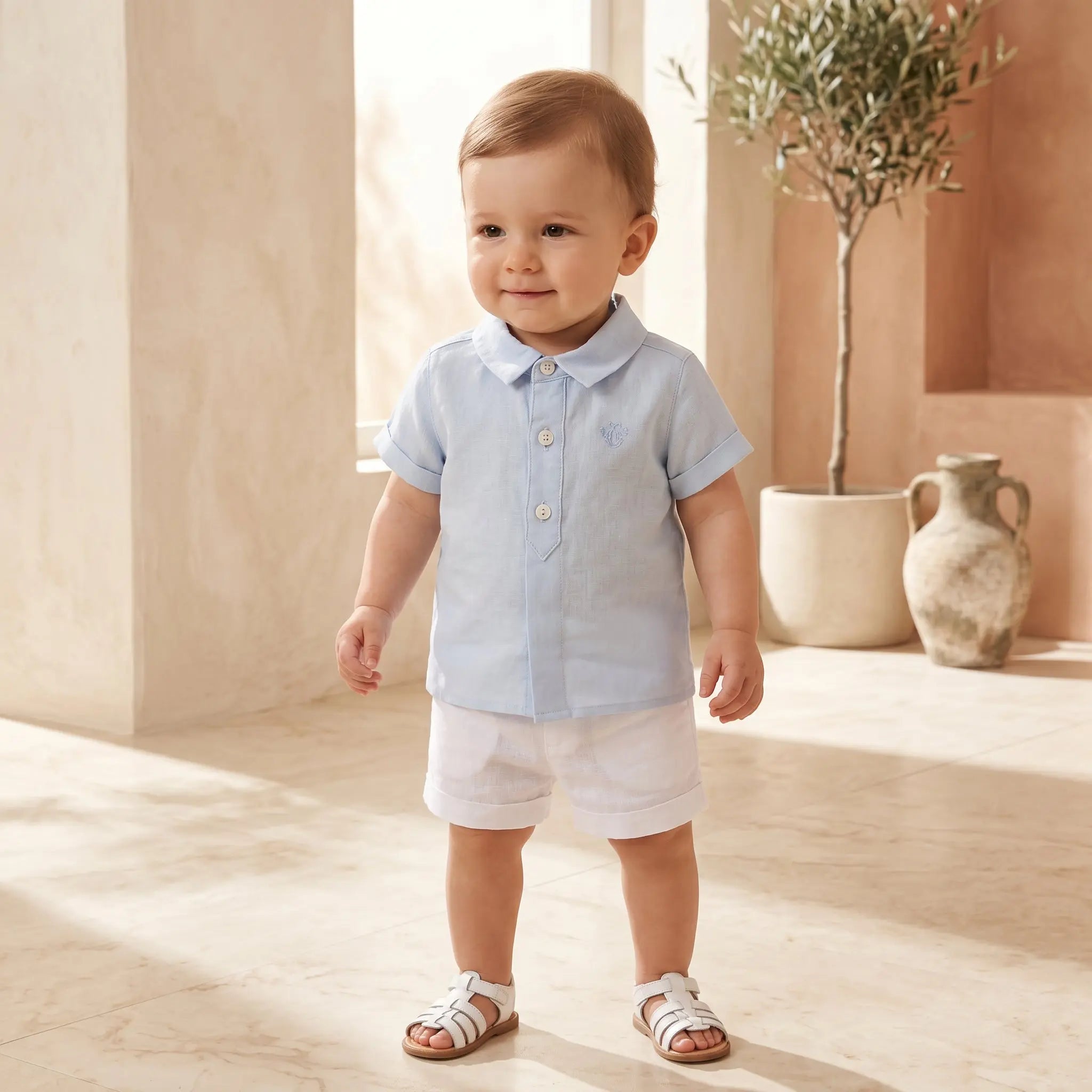 Boys Sky Blue Linen Shirt & White Linen Shorts Set TARTINE ET CHOCOLAT