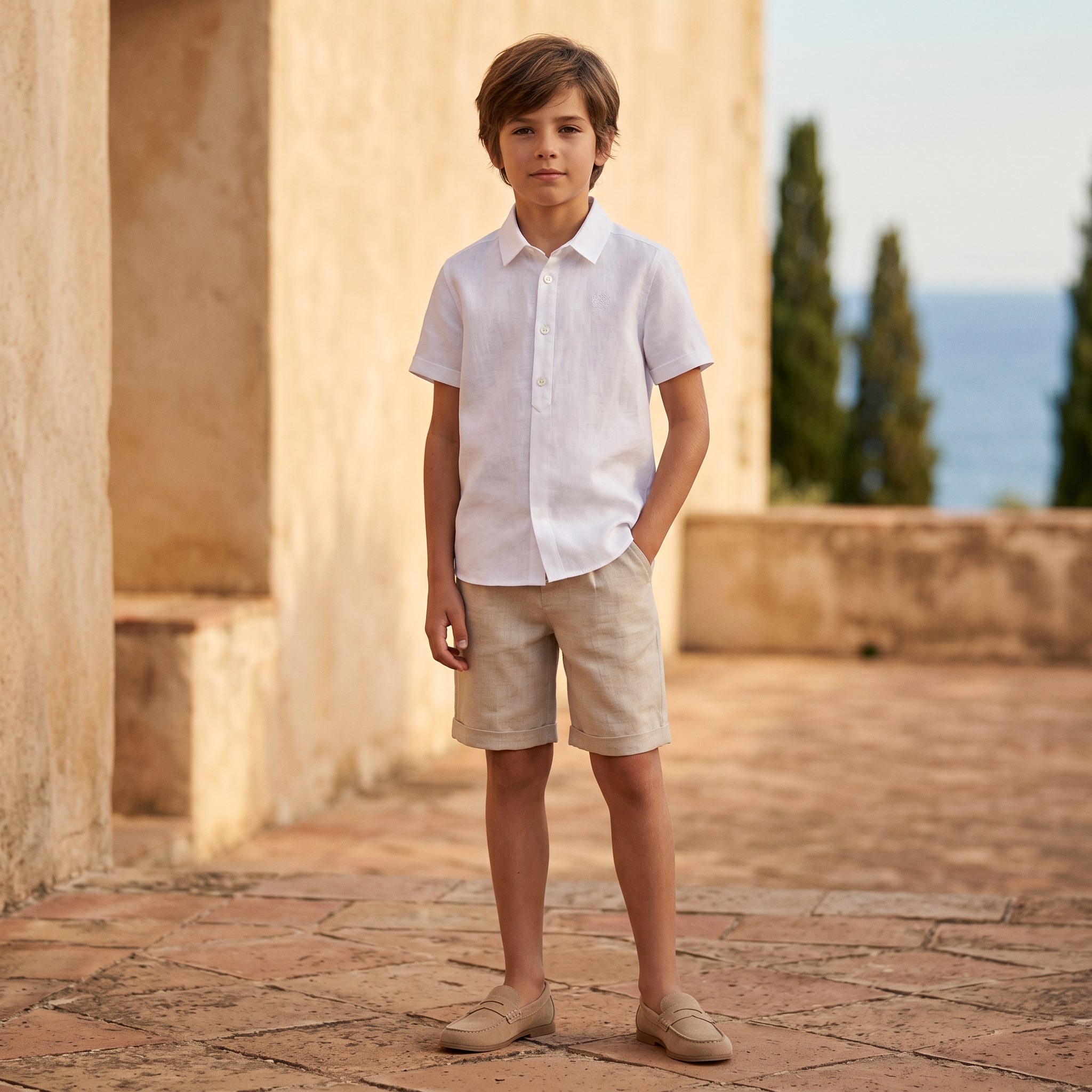 Boys White Linen Shirt & Sand Linen Ceremony Shorts Set