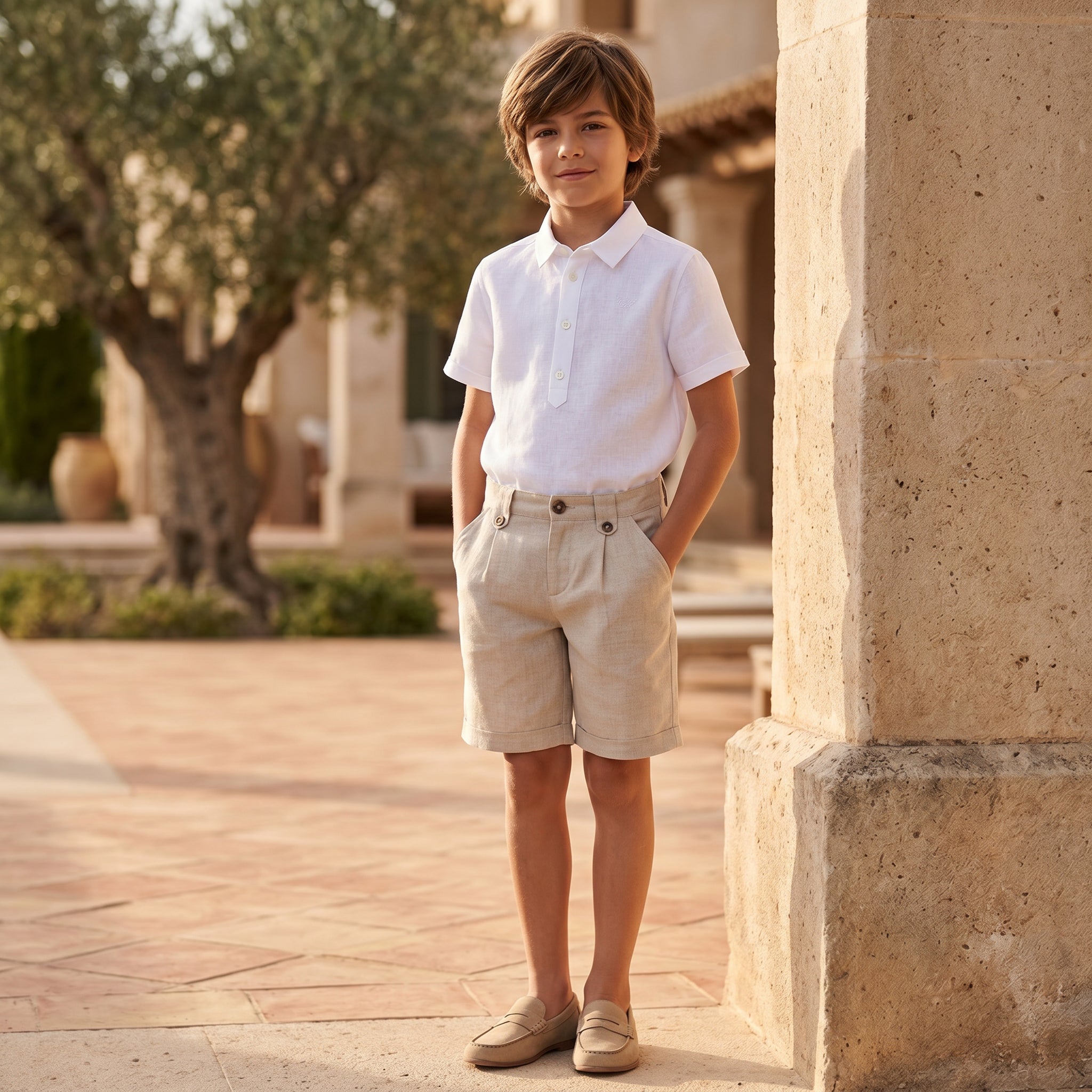 Boys White Linen Shirt & Sand Linen Ceremony Shorts Set