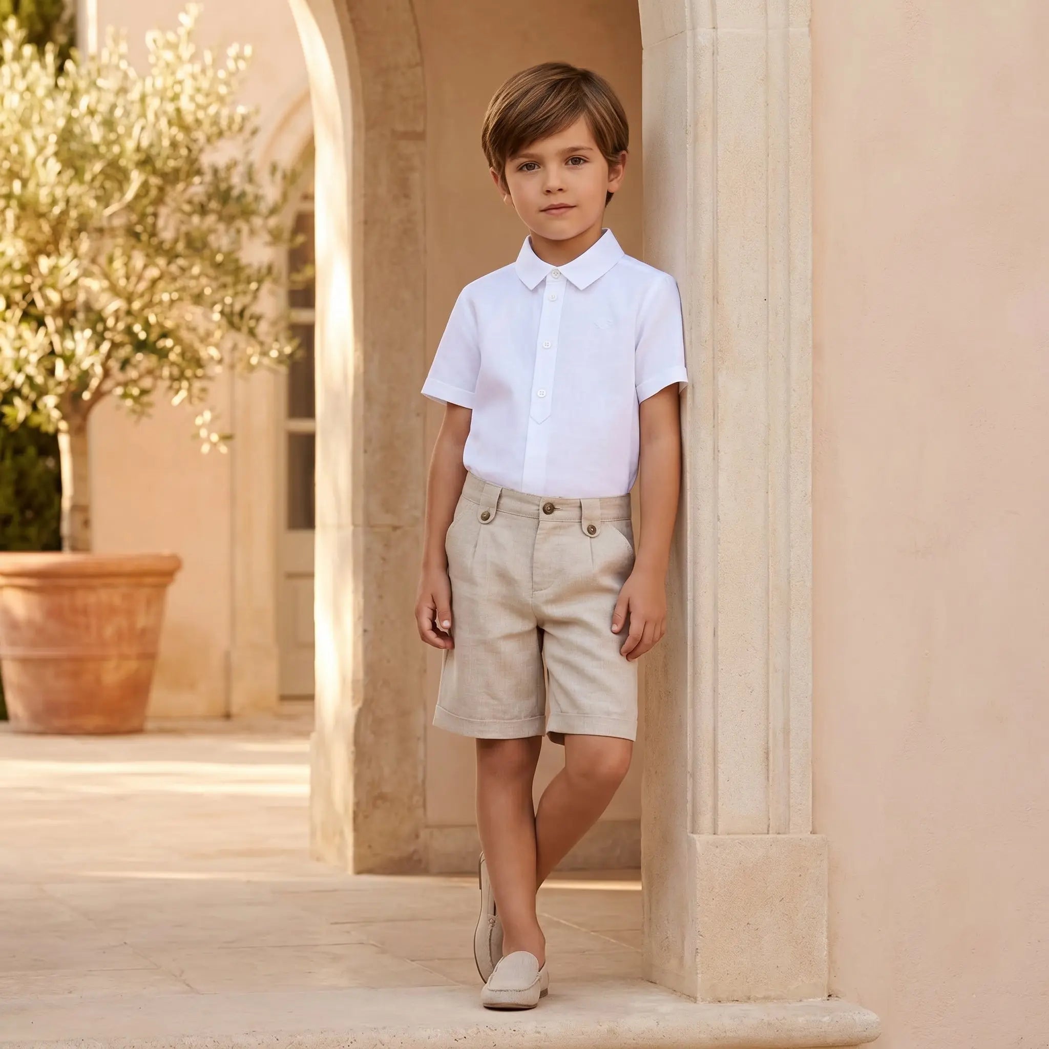 Boys White Linen Shirt & Sand Linen Ceremony Shorts Set TARTINE ET CHOCOLAT