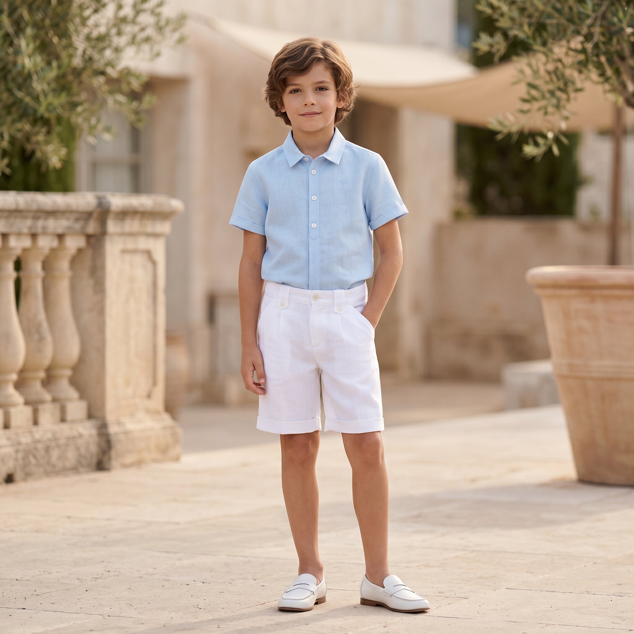 Boys Blue Cloud Linen Shirt & White Linen Shorts Ceremony Set