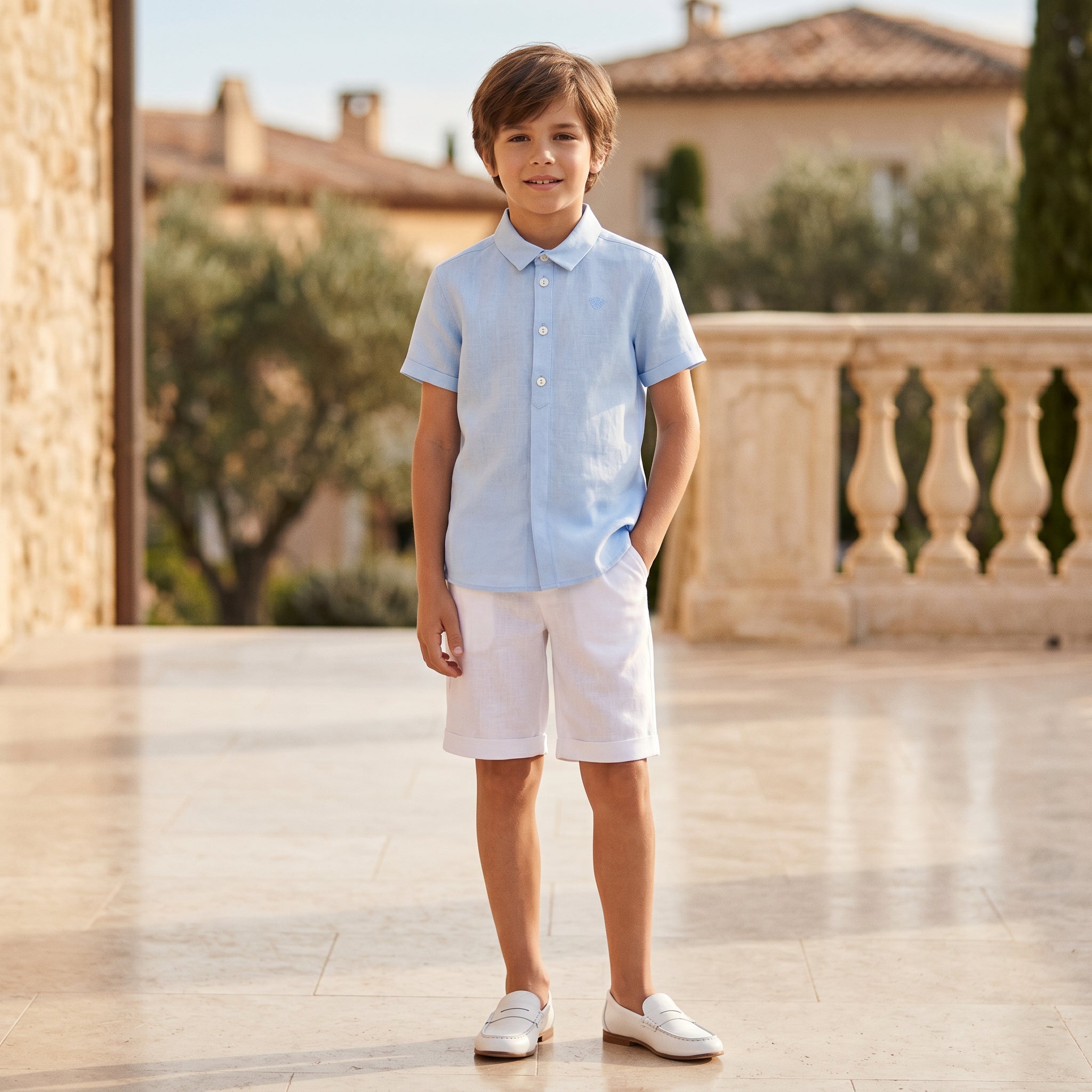 Boys Blue Cloud Linen Shirt & White Linen Shorts Ceremony Set