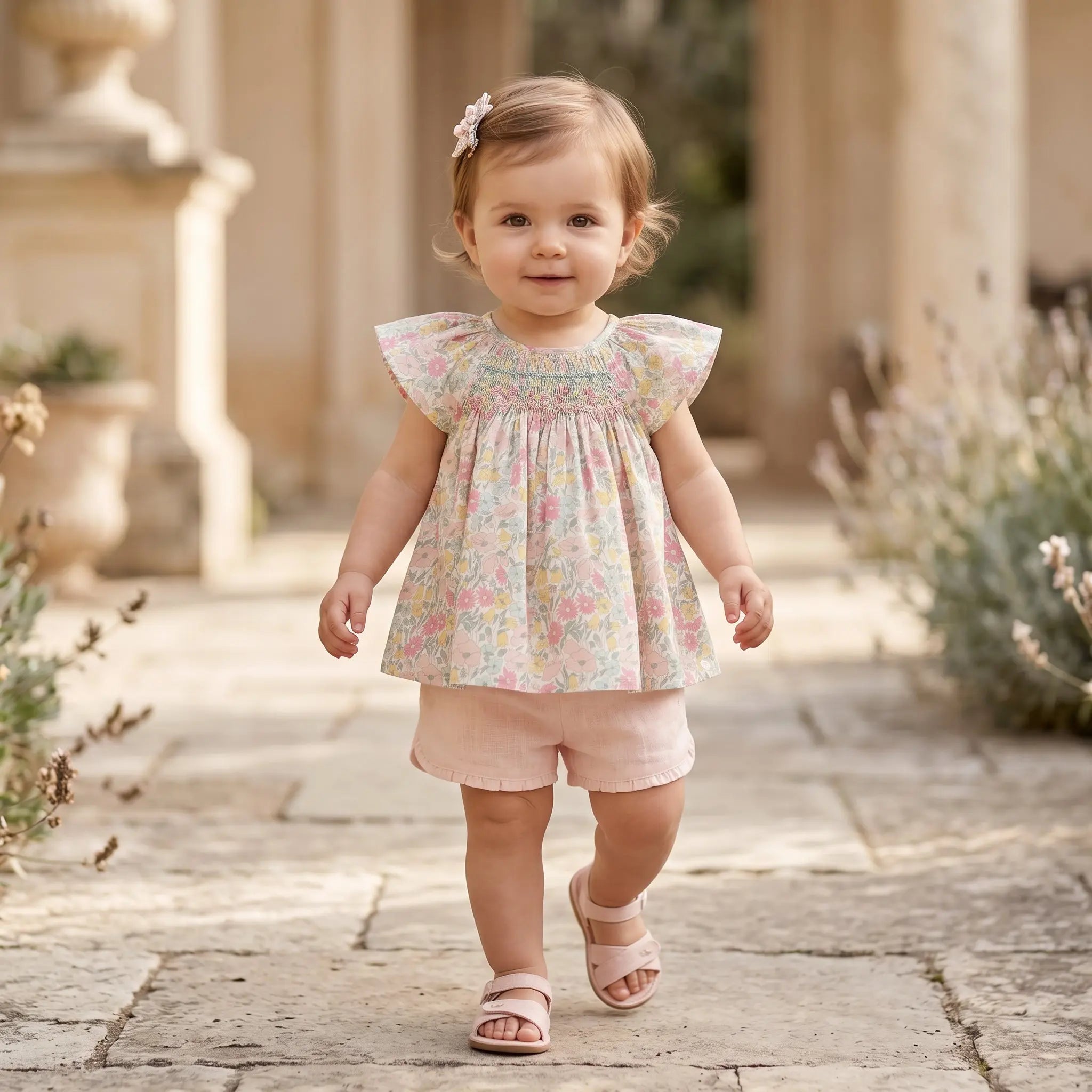 Girls Liberty Print Blouse & Pale Pink Linen Shorts Set TARTINE ET CHOCOLAT
