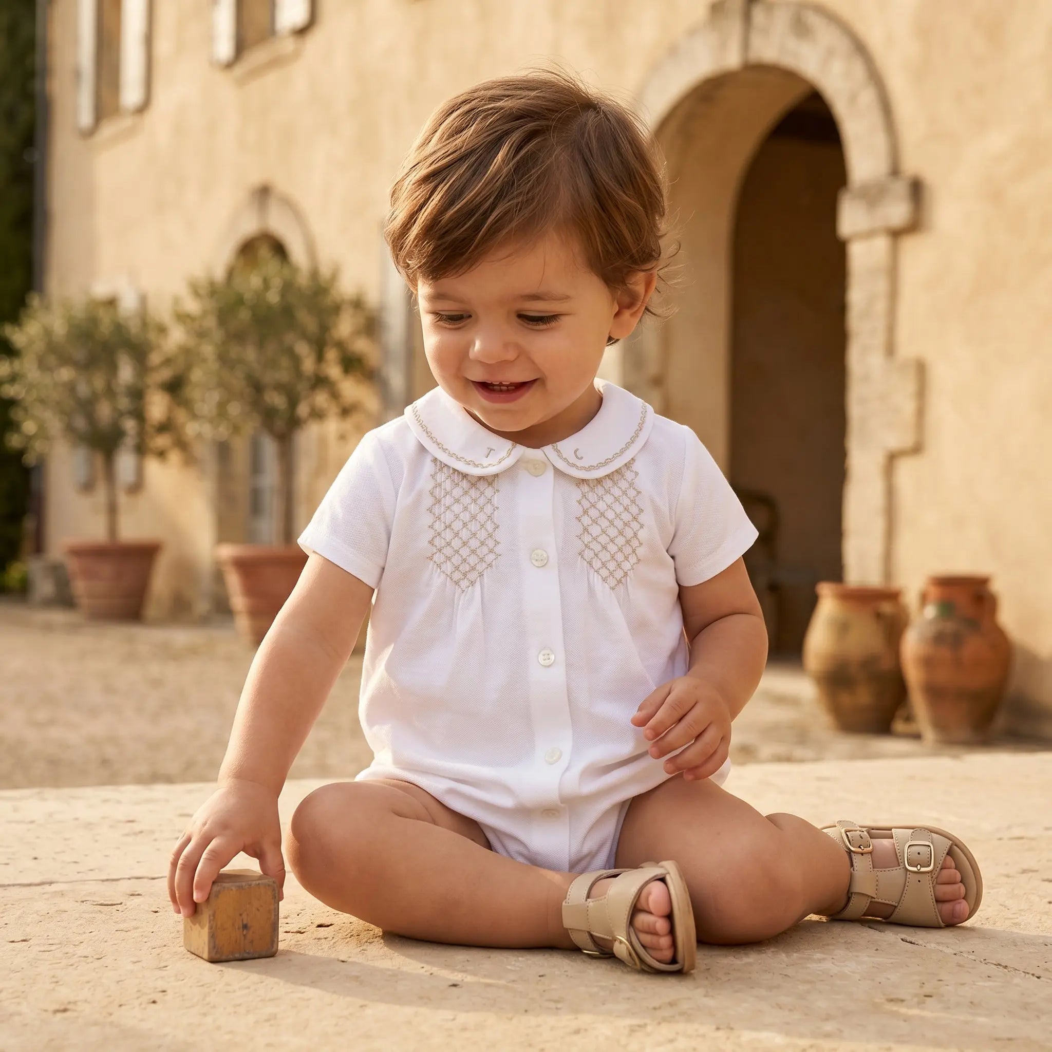 Baby Ecru Linen & Cotton Smocked Short Jumpsuit TARTINE ET CHOCOLAT