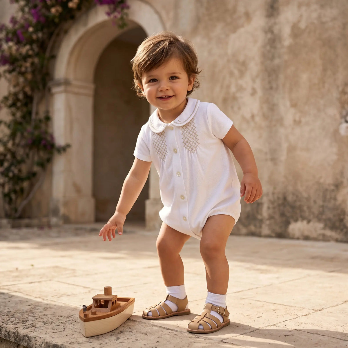 Baby Ecru Linen & Cotton Smocked Short Jumpsuit TARTINE ET CHOCOLAT