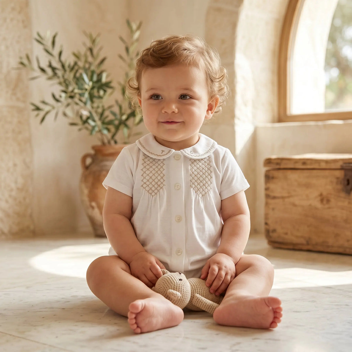 Baby Ecru Linen & Cotton Smocked Short Jumpsuit TARTINE ET CHOCOLAT