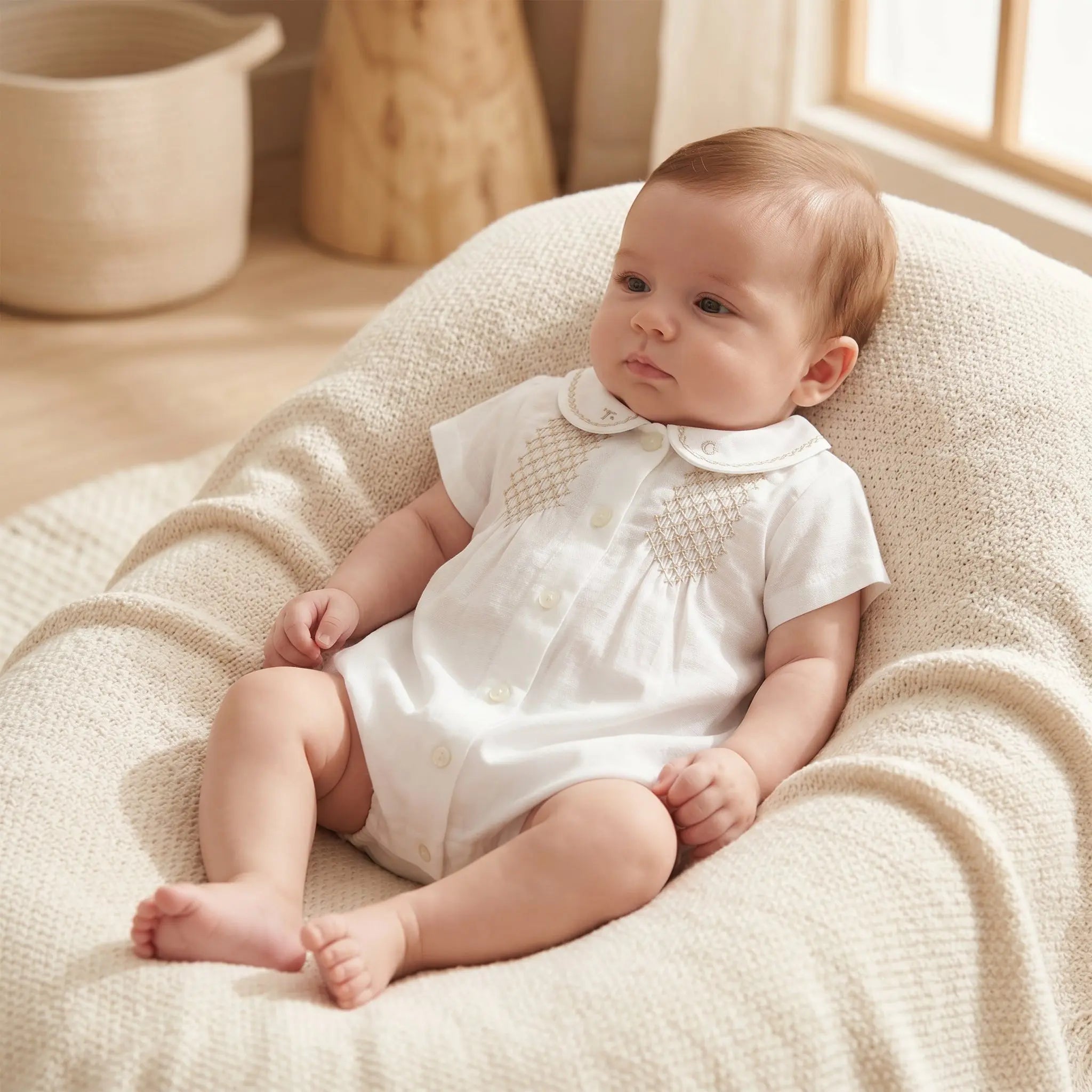Baby Ecru Linen & Cotton Smocked Short Jumpsuit TARTINE ET CHOCOLAT