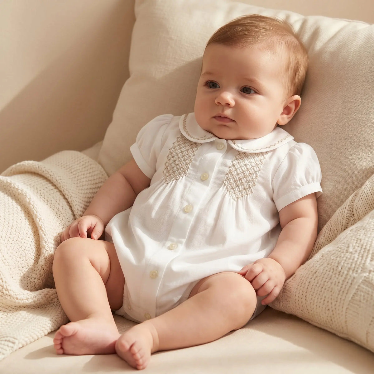 Baby Ecru Linen & Cotton Smocked Short Jumpsuit TARTINE ET CHOCOLAT