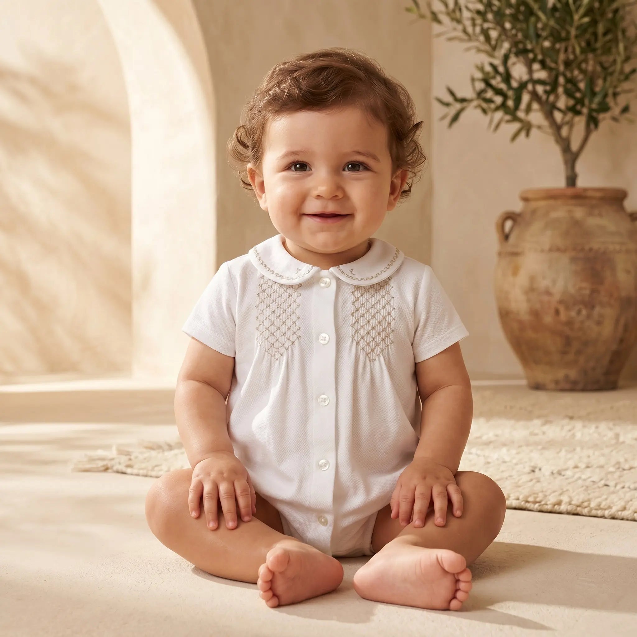 Baby Ecru Linen & Cotton Smocked Short Jumpsuit TARTINE ET CHOCOLAT