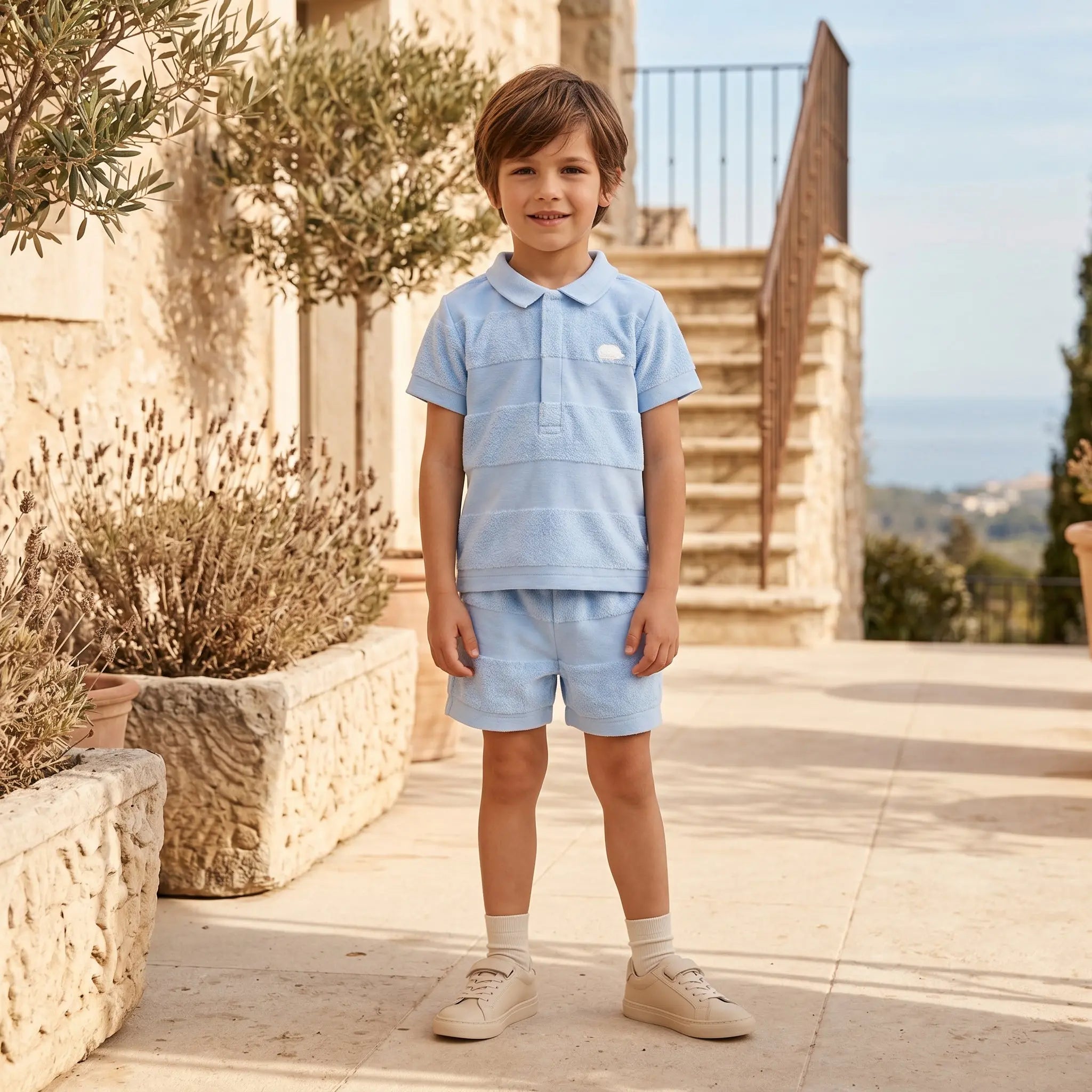 Boys Blue Cloud Striped T-Shirt & Shorts Set TARTINE ET CHOCOLAT