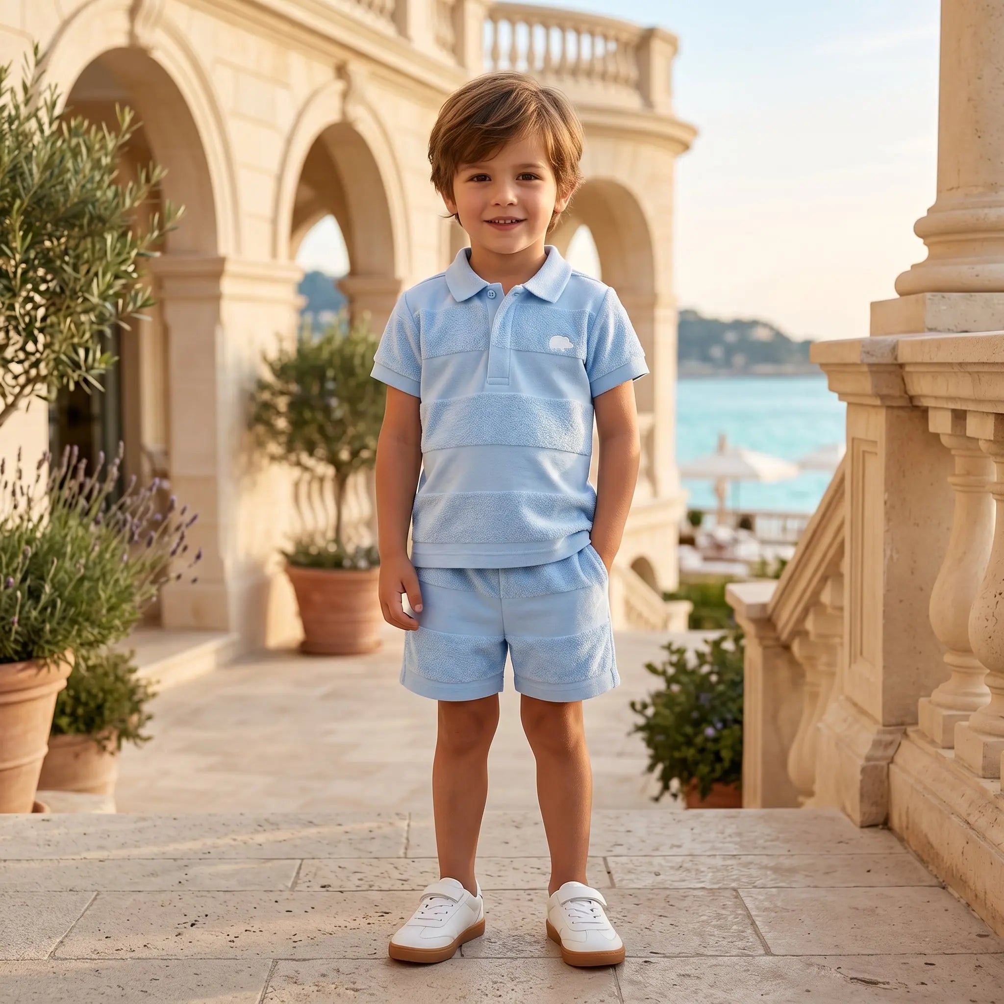Boys Blue Cloud Striped T-Shirt & Shorts Set TARTINE ET CHOCOLAT