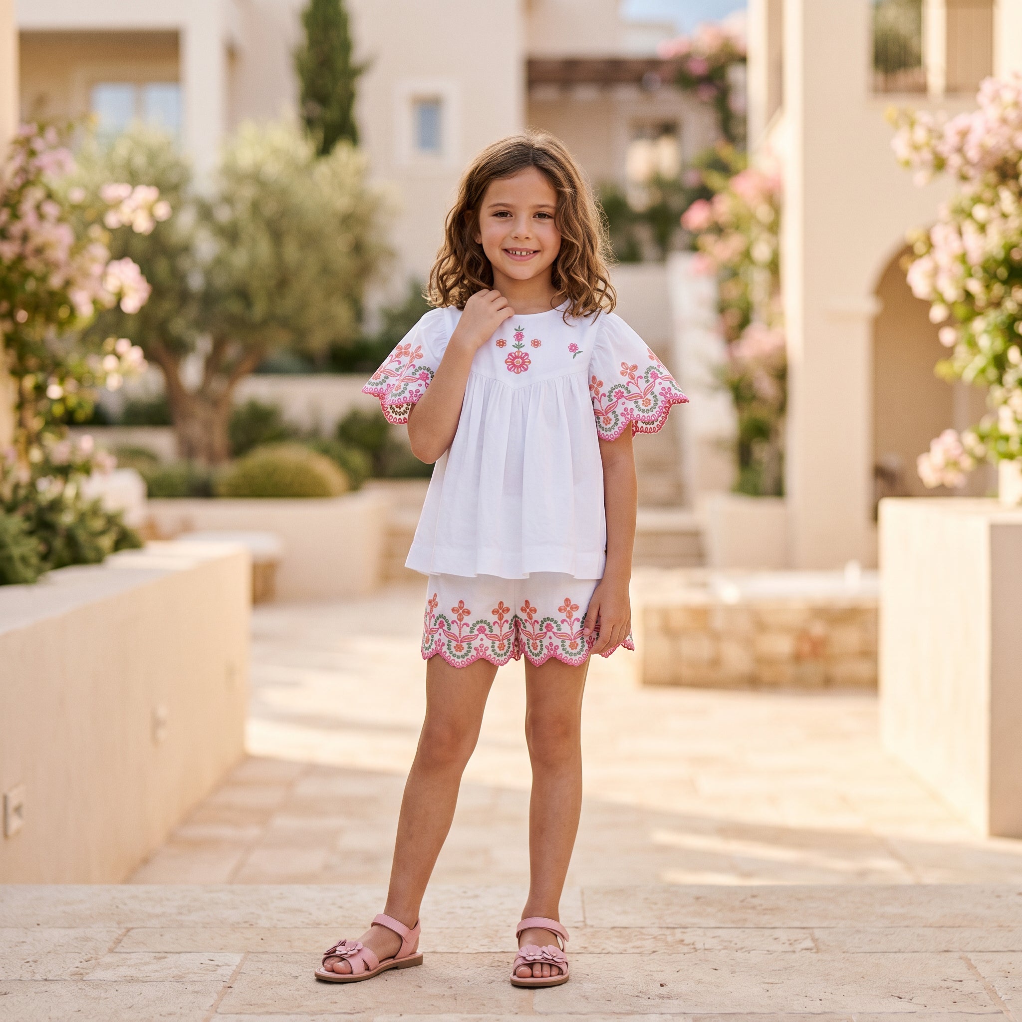 Girls White Embroidered Cotton Short Set