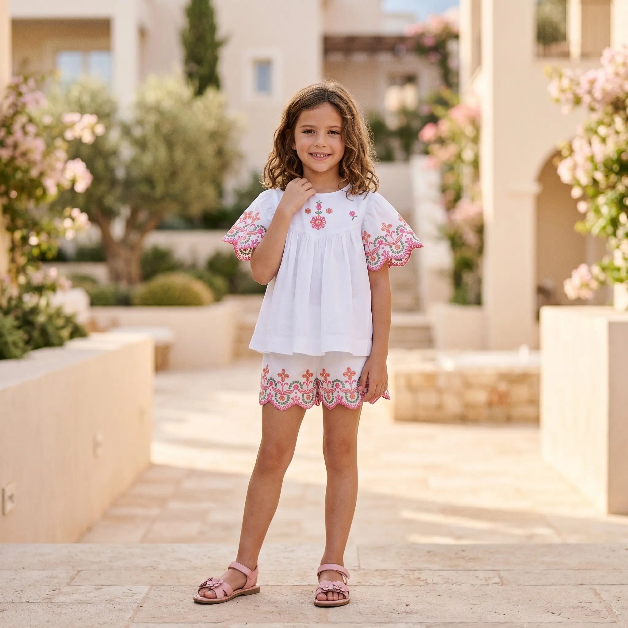 Girls White Embroidered Cotton Short Set TARTINE ET CHOCOLAT