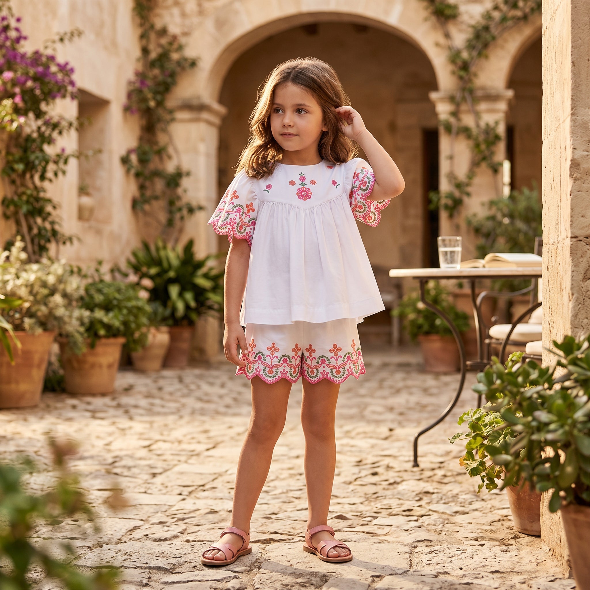 Girls White Embroidered Cotton Short Set