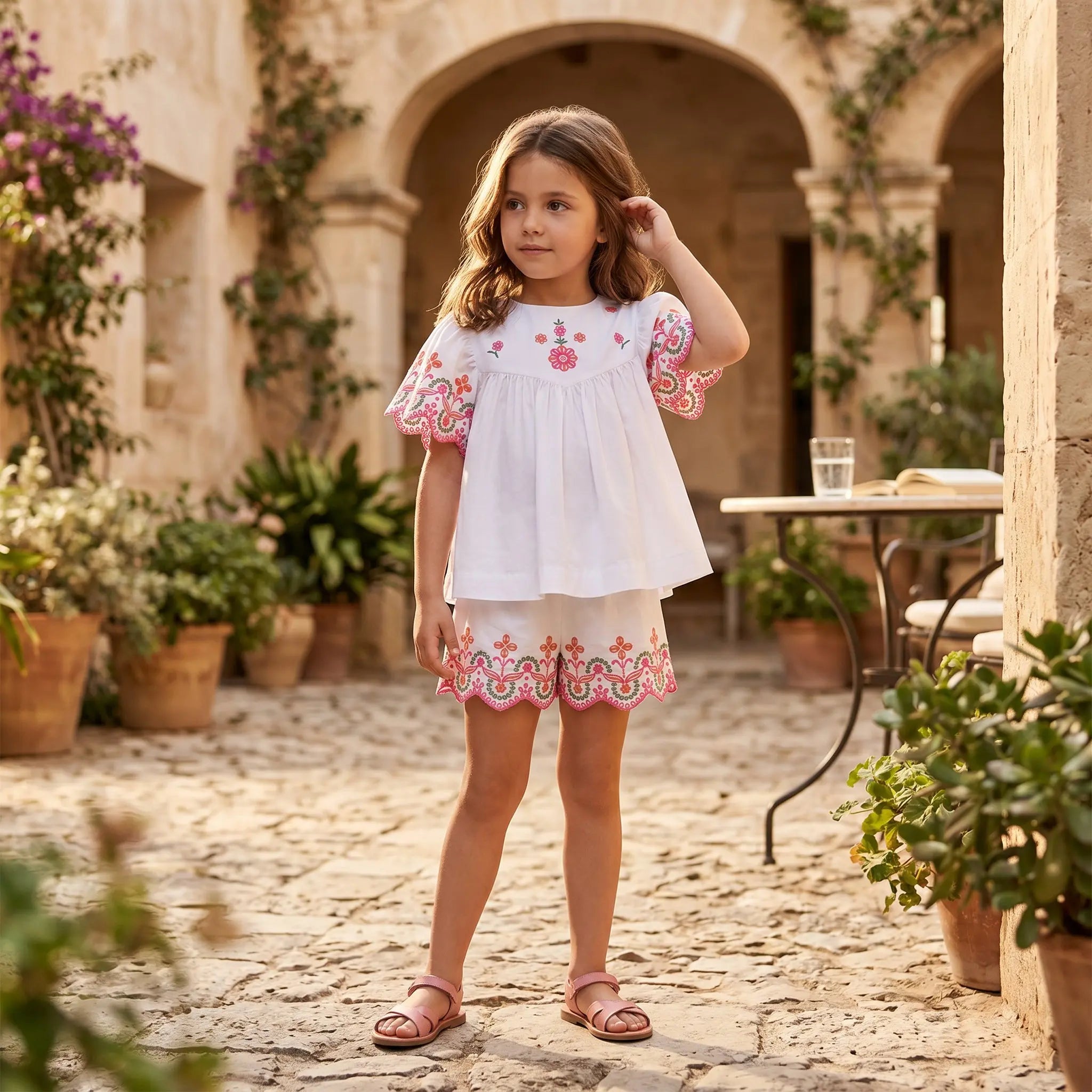 Girls White Embroidered Cotton Short Set TARTINE ET CHOCOLAT