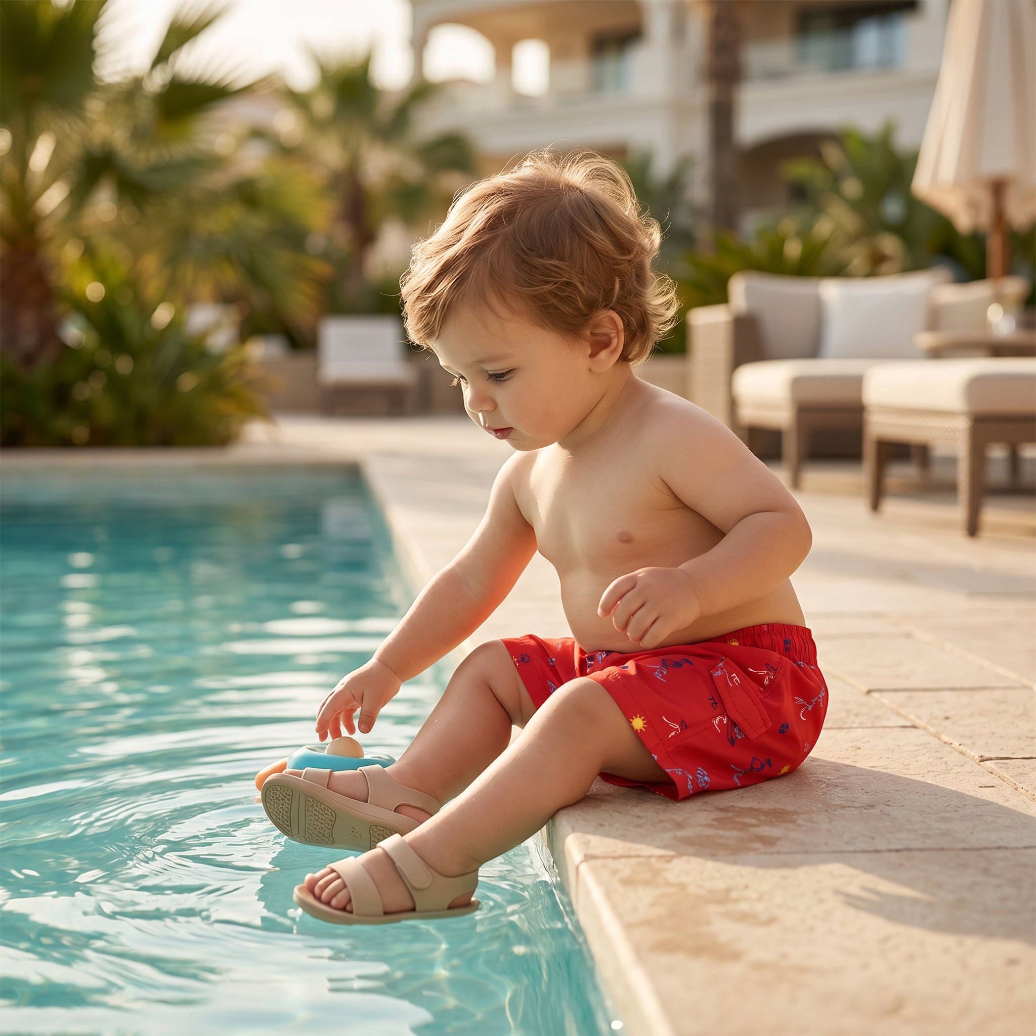 Boys Red Surfer Print Swim Shorts