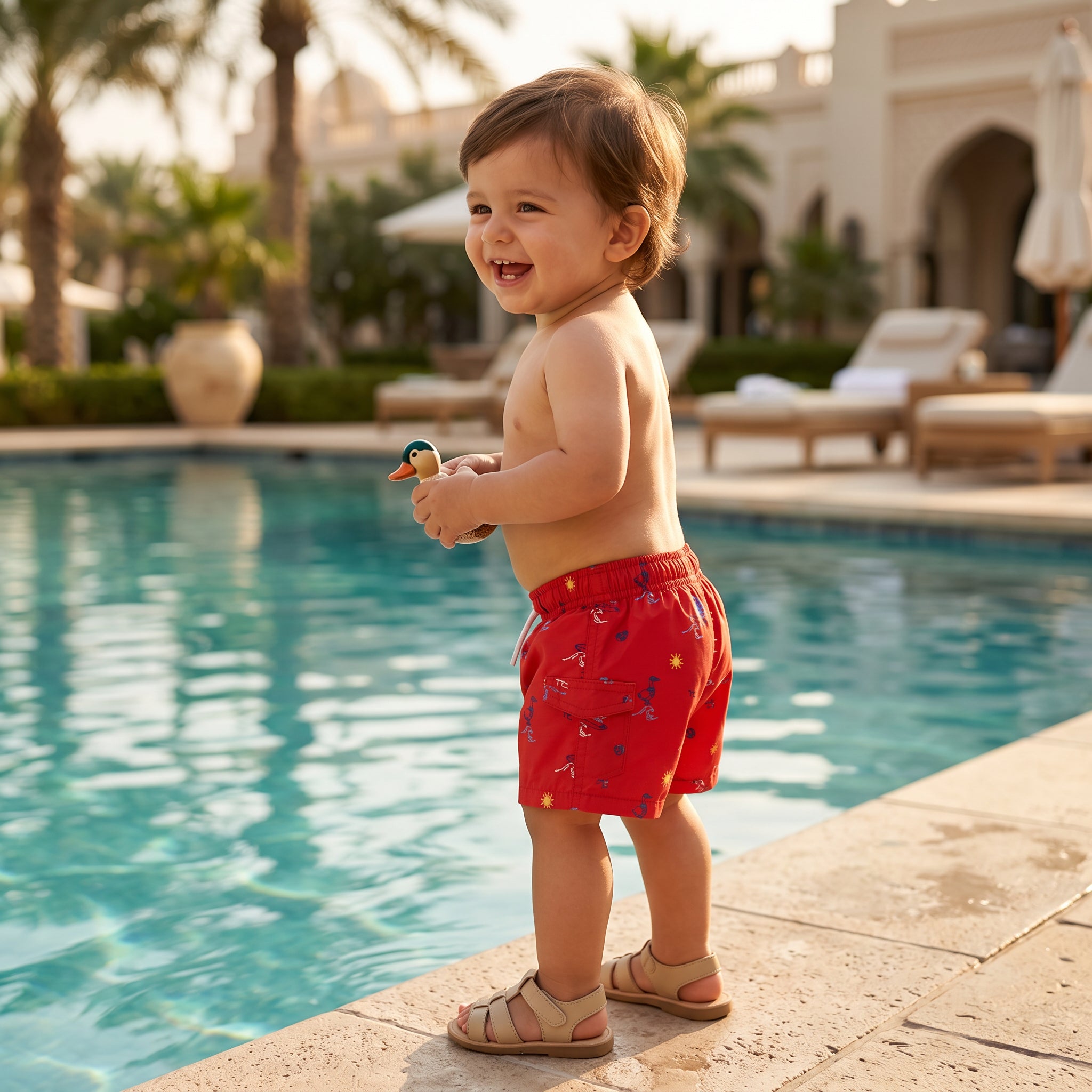 Boys Red Surfer Print Swim Shorts