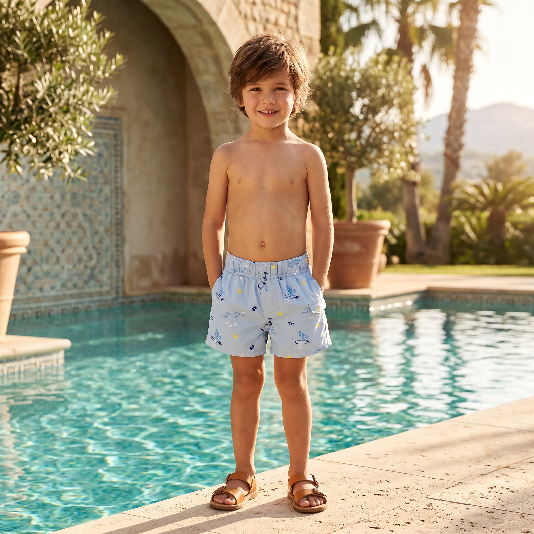 Boys Blue Seaside Print Swim Shorts